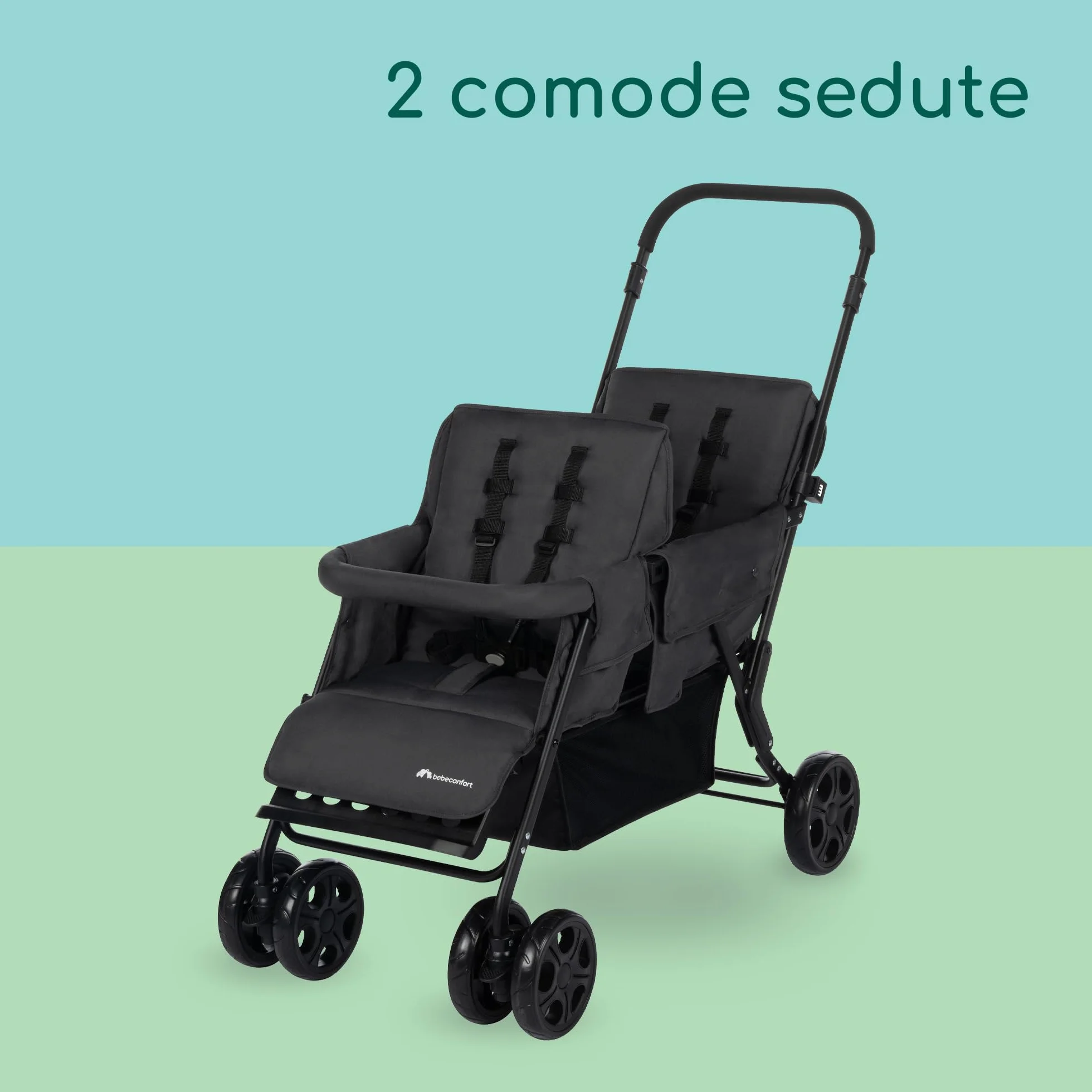 Bebeconfort Teamy passeggino fratellare gemellare lineare, passeggino tandem doppio leggero e compatto, pesa solo 12,5 kg, con parapioggia e coprigambe inclusi, Mineral Graphite