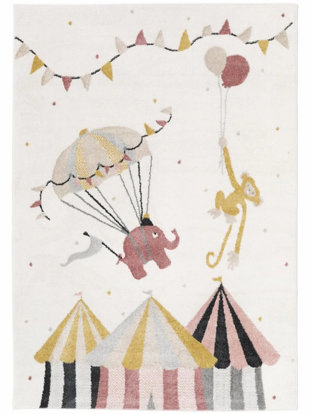 RugVista Monkey Circus, Tappeto per bambini, Moderni, 140 x 200 cm, Rettangolare, Pelo medio, Cameretta, Lavabile solo a secco, Senza sostanze chimiche pericolose, Rosa/Off Bianco