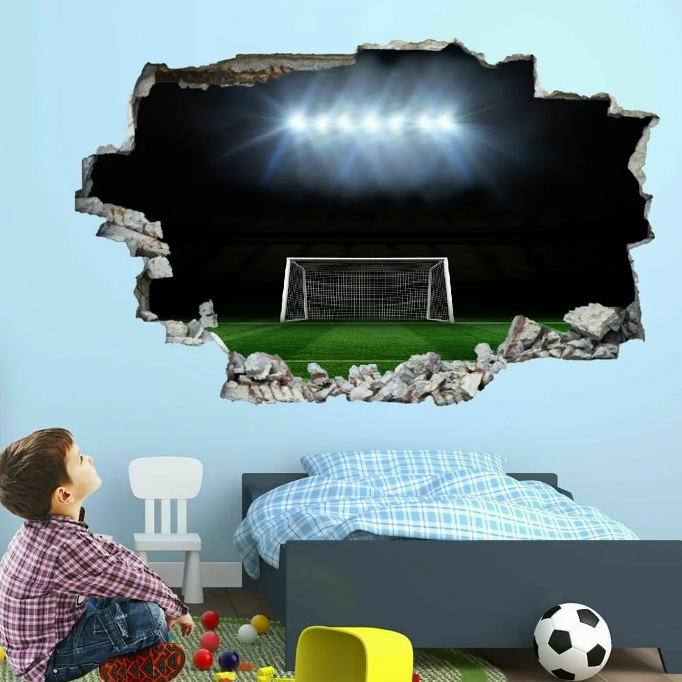 Adesivi Murali Murales Fracassati 3D Campo Da Calcio Decalcomanie Per Pavimenti In Impermeabile Art Gli Sport Per La Camera Da Letto, La Decorazione Della Parete Della Scuola Materna 120x80cm