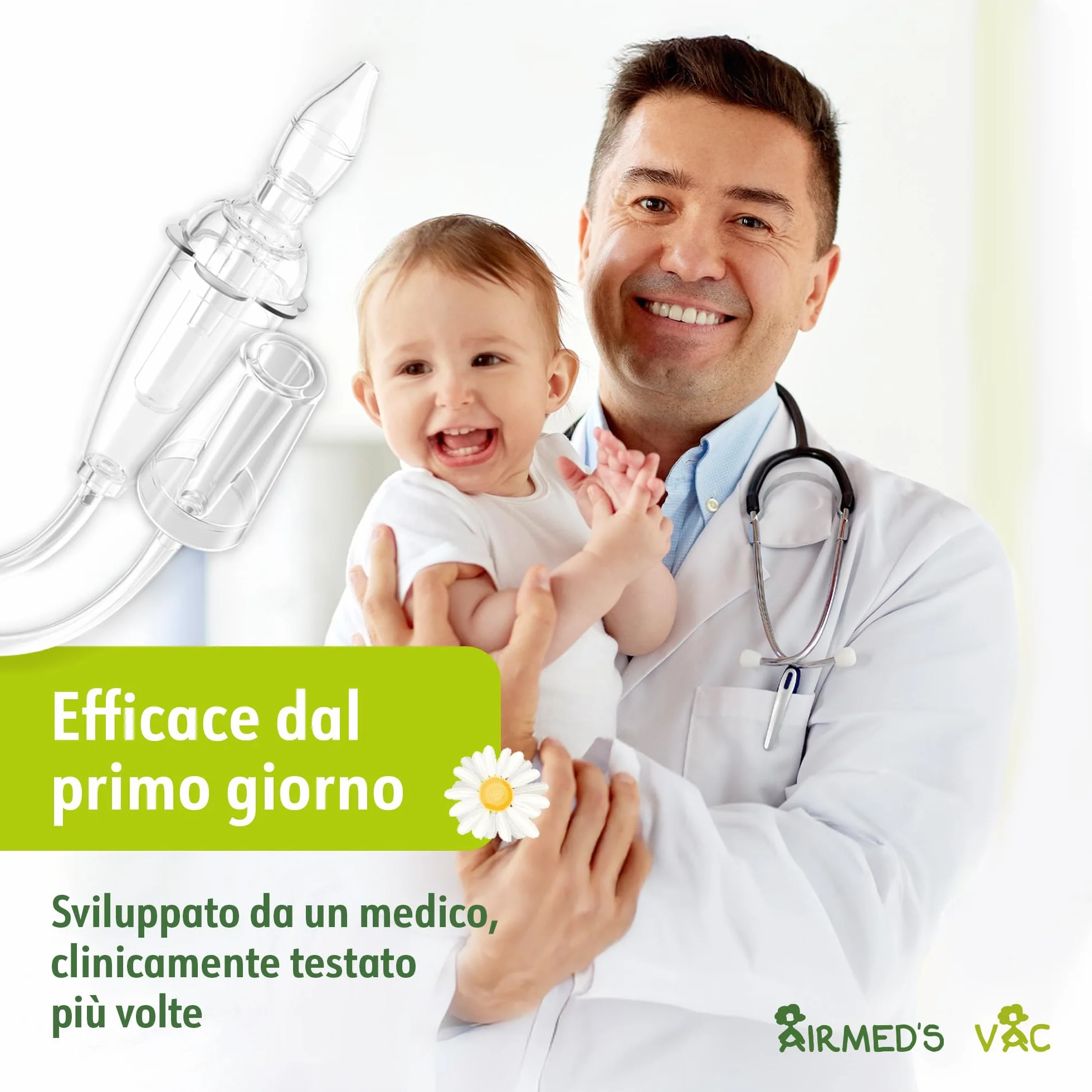 Airmed's Vac Aspiratore nasale neonato. Clinicamente testato e sicuro | Naso libero in 3 secondi. Con 2 testine di aspirazione e spazzolina per la pulizia. Compatibile con tutti gli aspiratori