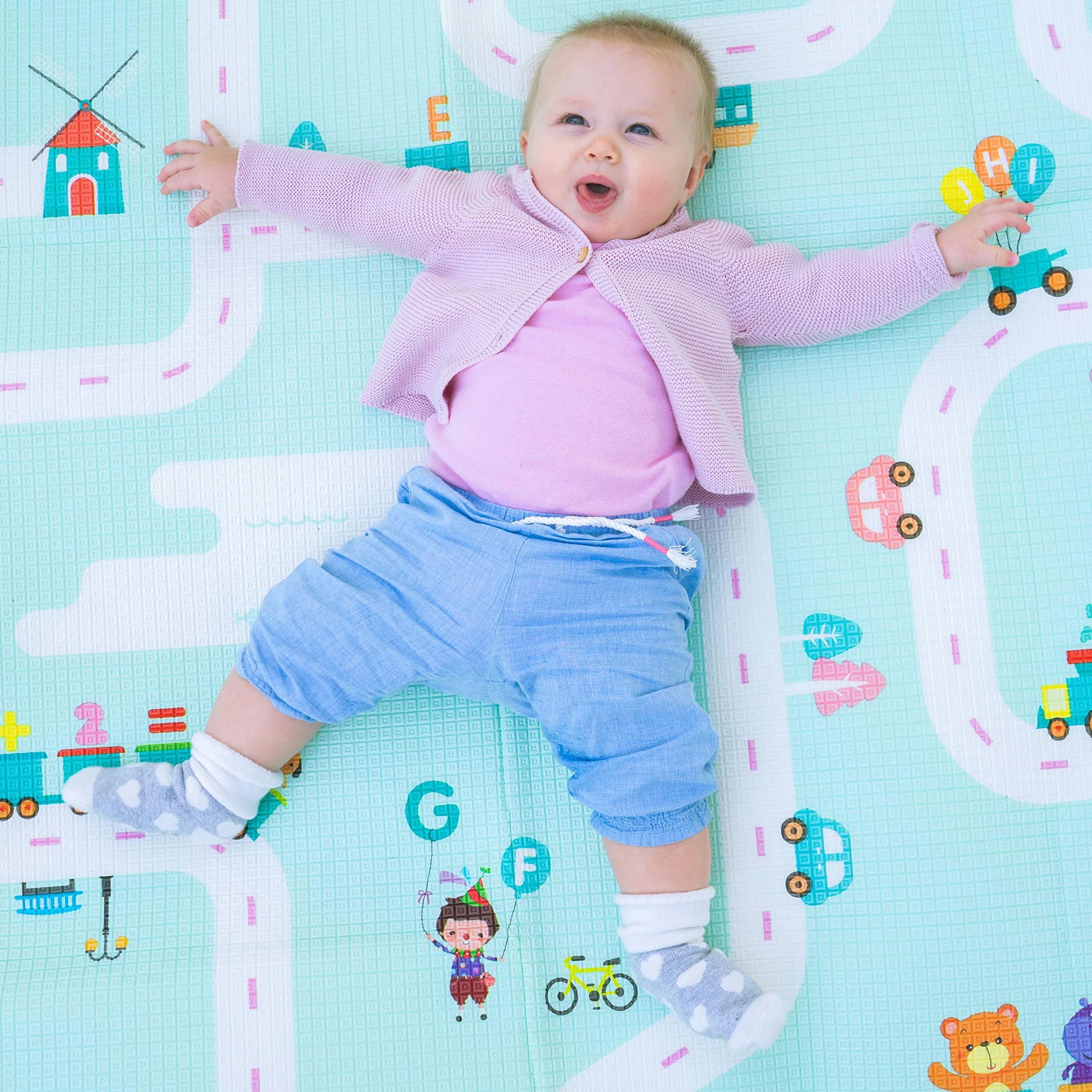 Tappeto Neonato Gattonamento Ripiegabile (con borsetta) Gioco e Divertimento Bambini con tanti Colori - Certificato CE (Bianco/Turchese)