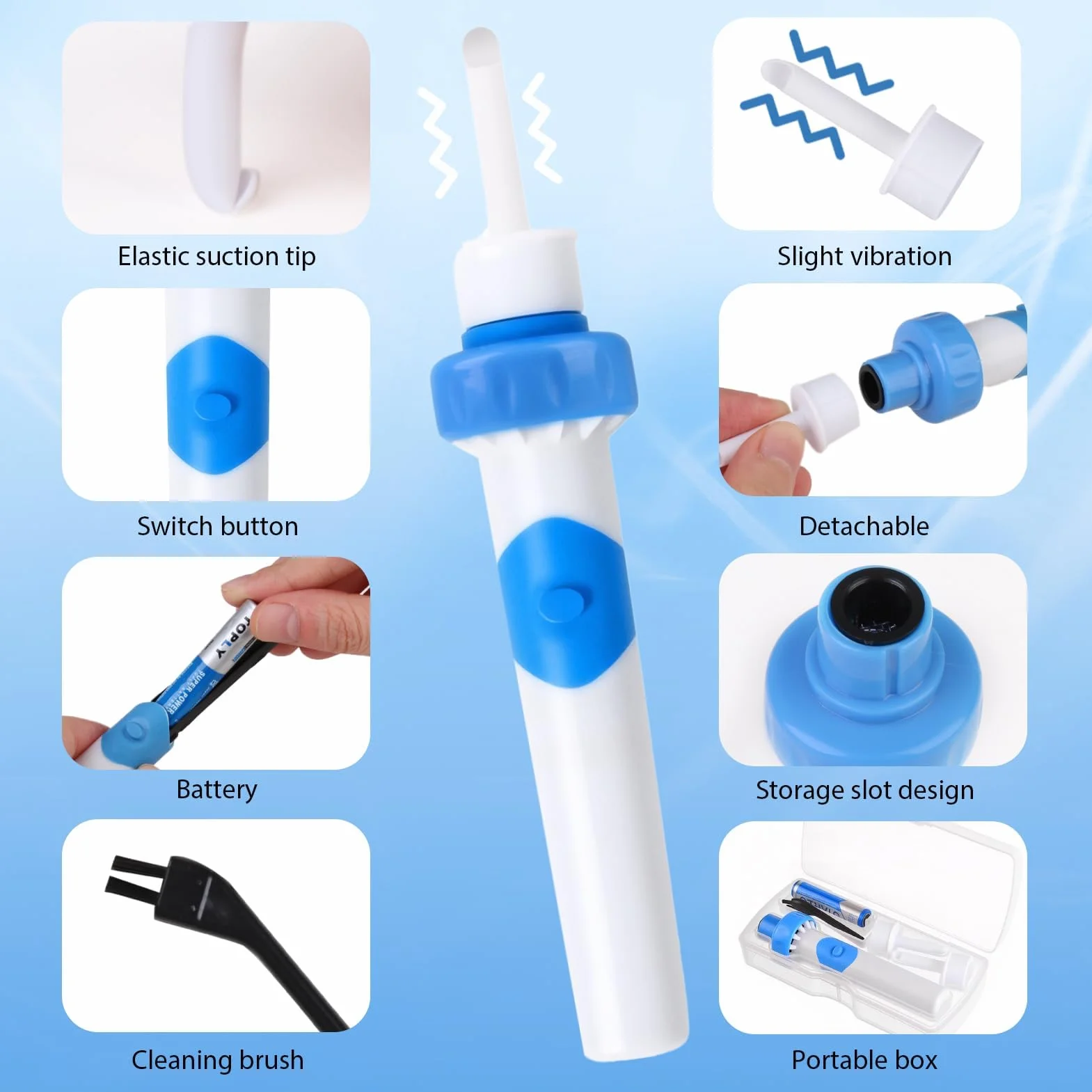 Yuio Pulisci Orecchie Elettrico, Aspiratore Cerume Orecchie Con 2 Teste di Ricambio in Silicone e una batteria, Pulizia orecchie, Rimuovi Cerume Orecchie per Adulti Bambini Anziani