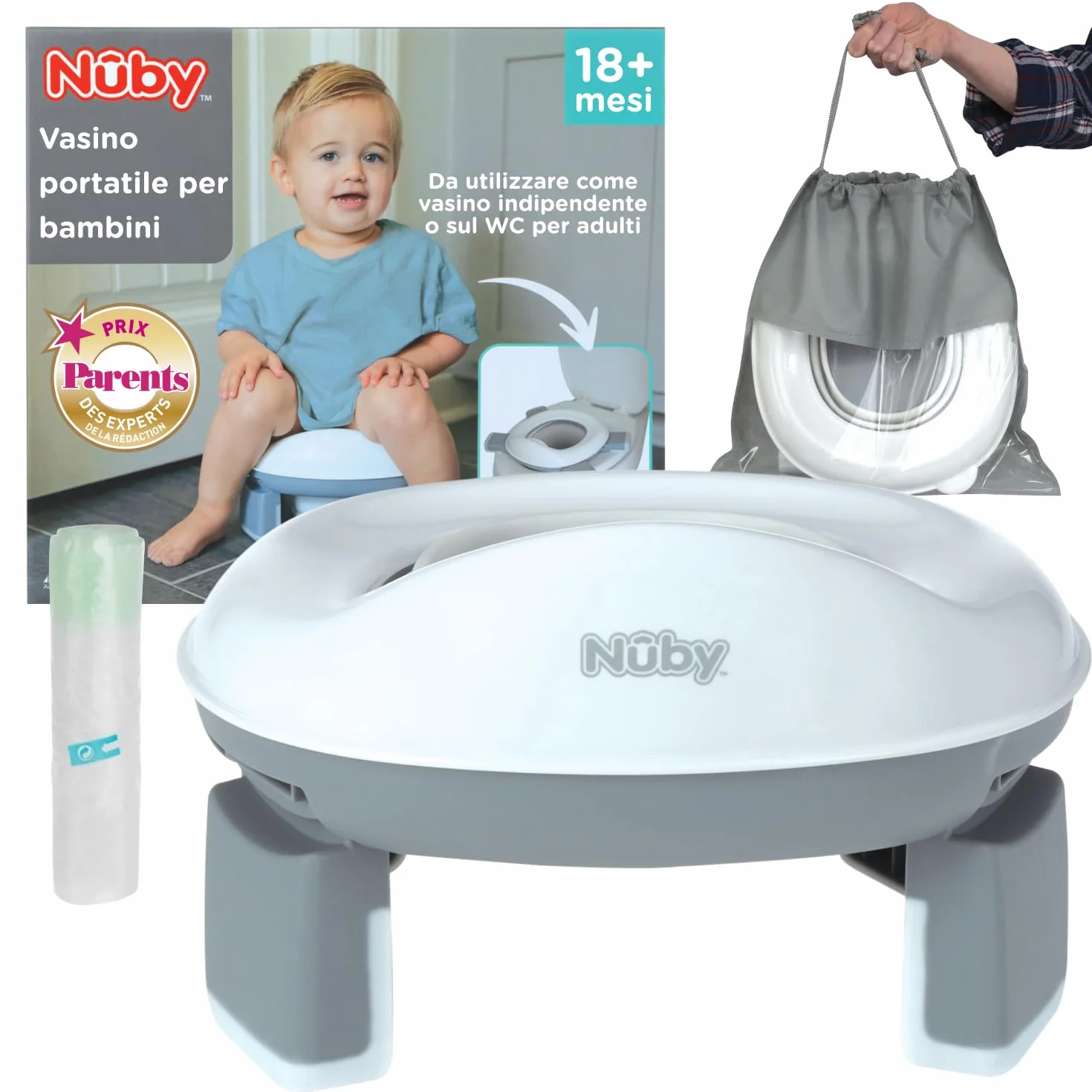 Nuby - Vasino portatile per bambini da viaggio - Wc portatile 2 in 1 Riduttore wc bambini o uso in autonomia - Con protezione paraschizzi e sacchetti usa e getta - Per imparare a usare il bagno