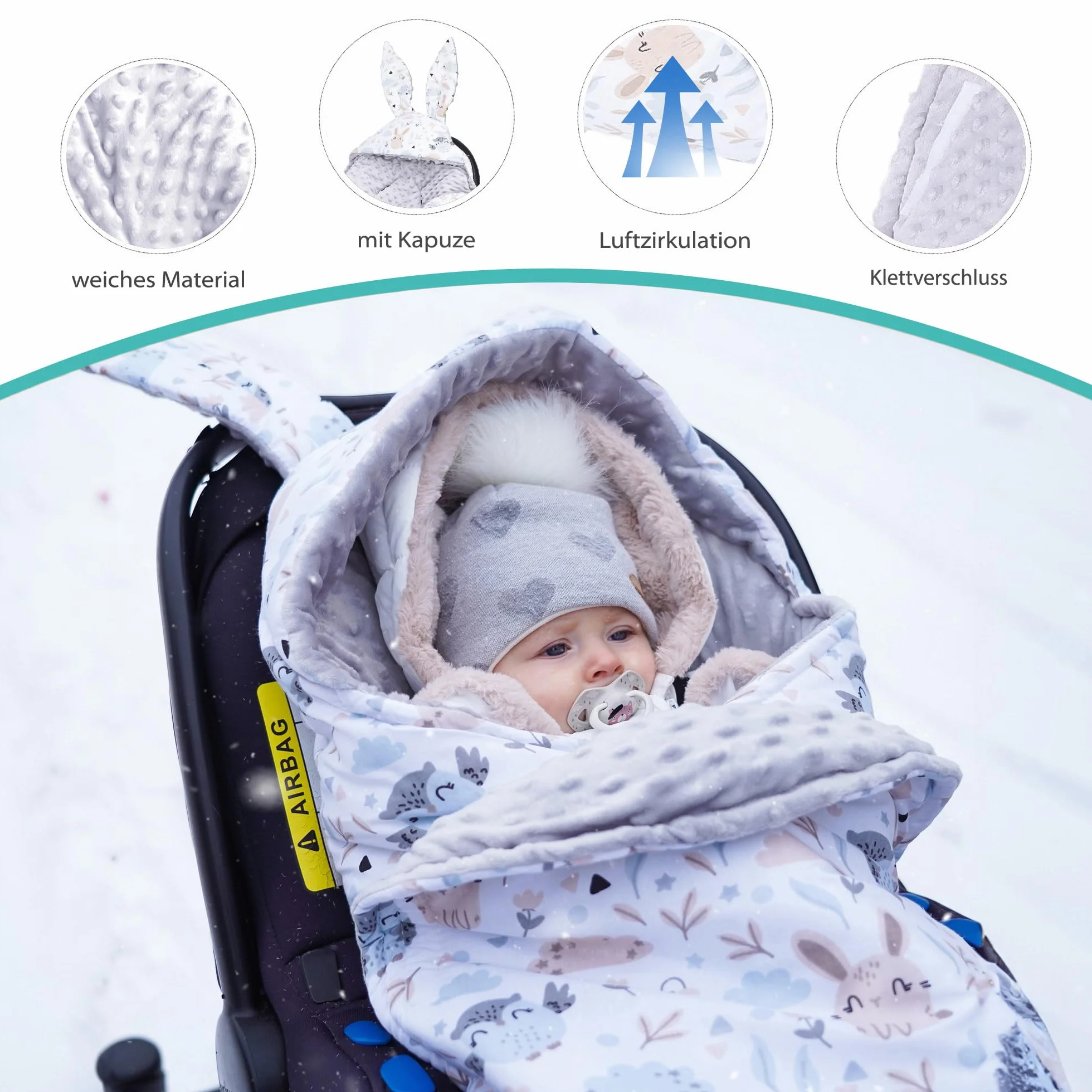Coperta Mussola sacco ovetto 90x90 cm - swaddle neonato 0-6 mesi o copertina per passeggino bebe per seggiolino auto bambino universale e lavabile Oeko-Tex Gufo Grigio Chiaro