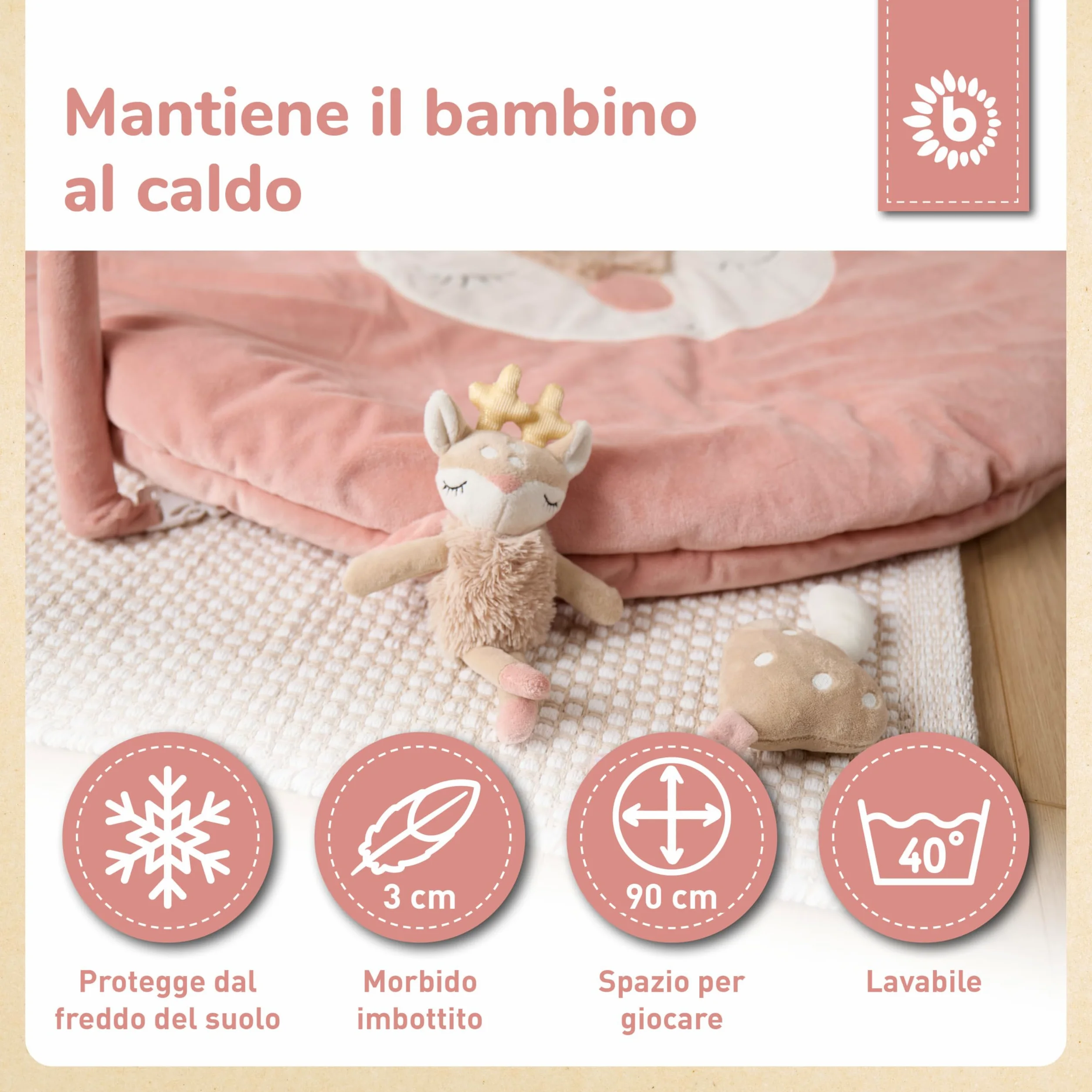 Bieco Tappeto Gioco con Arco Attività Cerbiatto Ella | Tappeto Sensoriale | Palestrina Neonato con Arco Giochi | Tappetino attività neonato