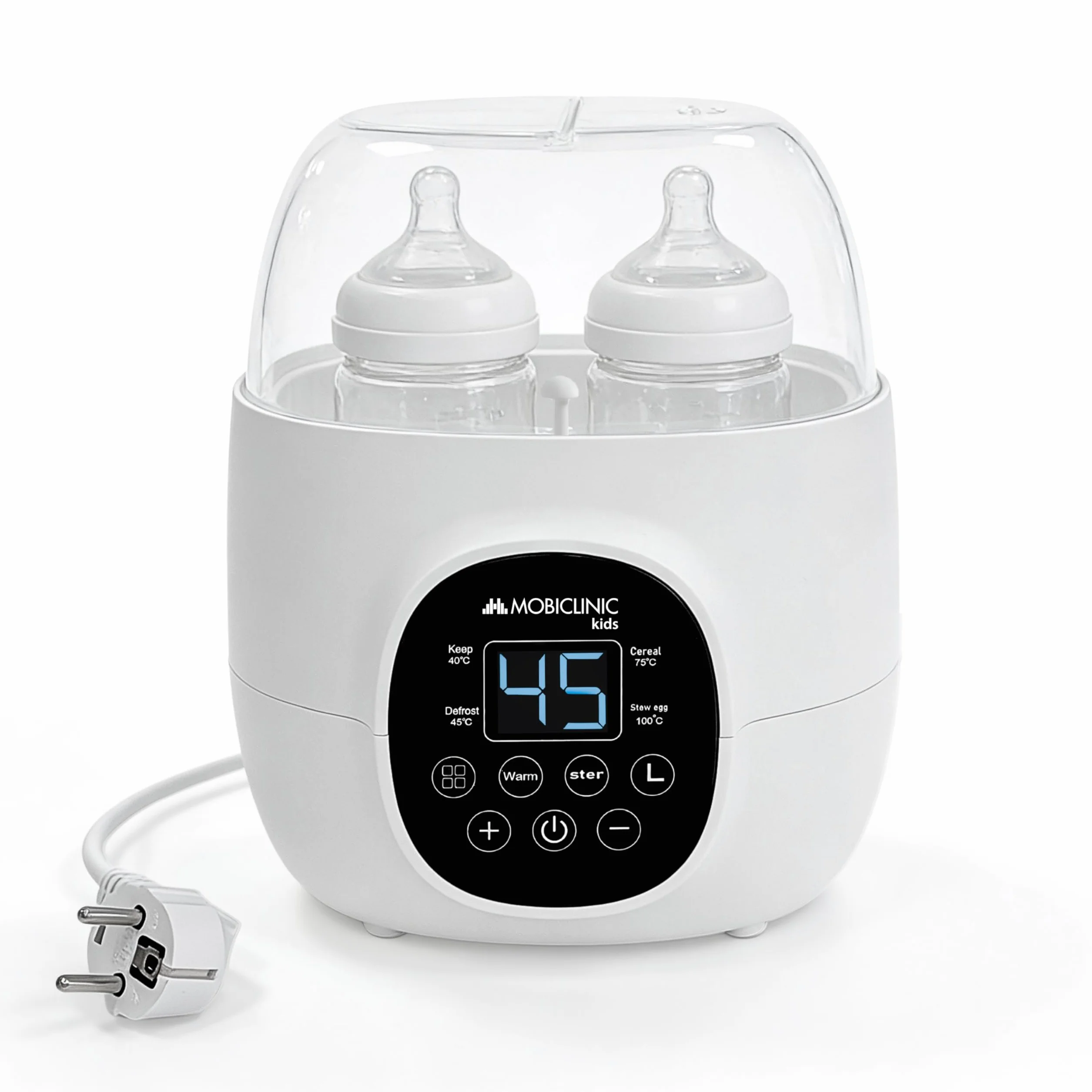 Mobiclinic®, Scaldabiberon e Sterilizzatore, 6 in 1, Doppia Capacità, Scongela, Programmabile, Mantiene la Temperatura, Riscaldamento Rapido, Latte Materno, Senza BPA, Schermo LCD, Compatto, Bibidu
