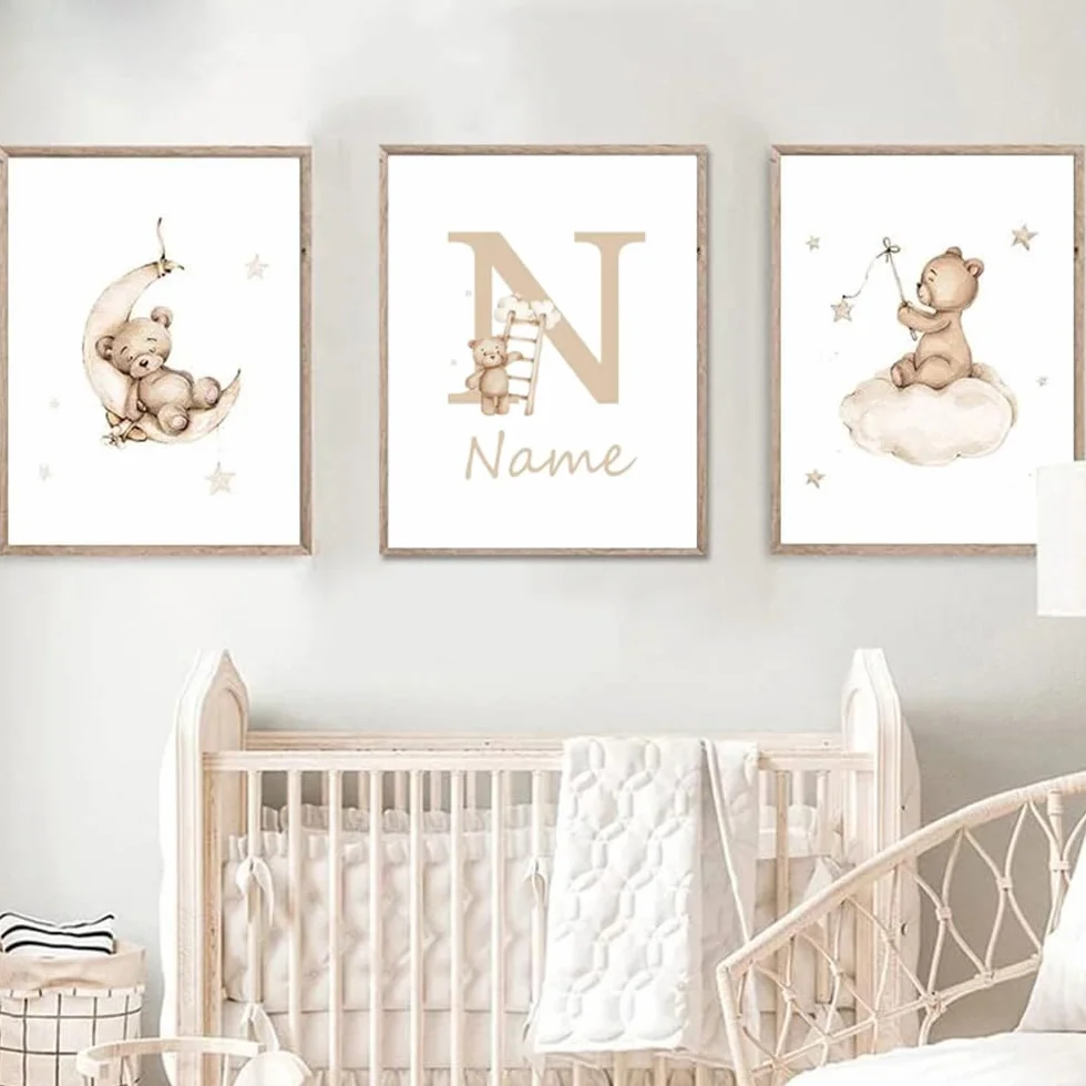Generico 3 Stampe Personalizzate Nomi Bimbo Orso Nuvola Stelle Luna Marroni Beige 30x 40 cm Quadro Cameretta Ragazzo Decorativi da Parete Bambini Poster Camera Ragazza Regalo Tela senza Cornice