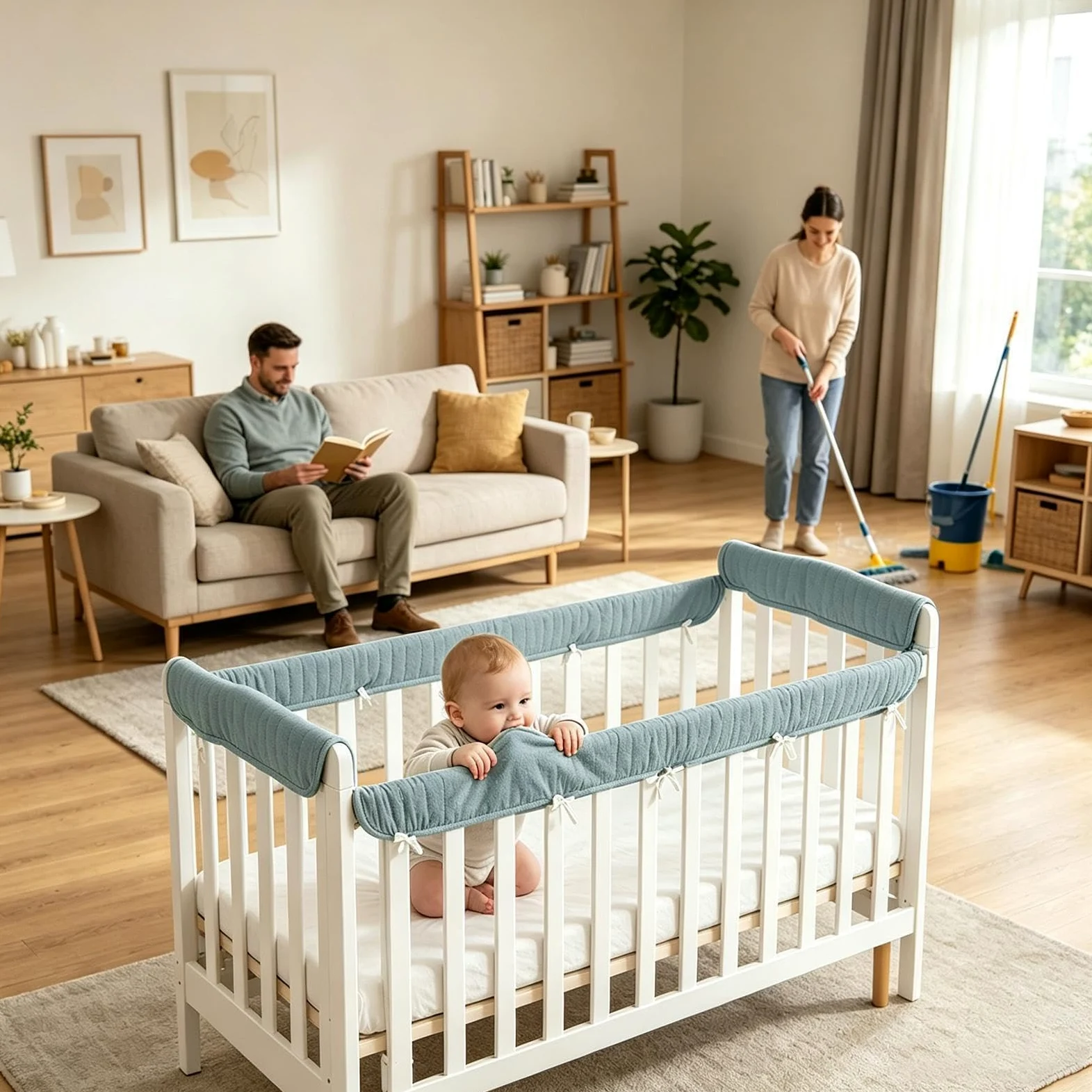 Mull - Protezione per lettino, 2 pezzi, con cinghie regolabili | Materassino fasciatoio per culla per le stagioni calde e la cameretta dei bambini, griglia di protezione per il letto