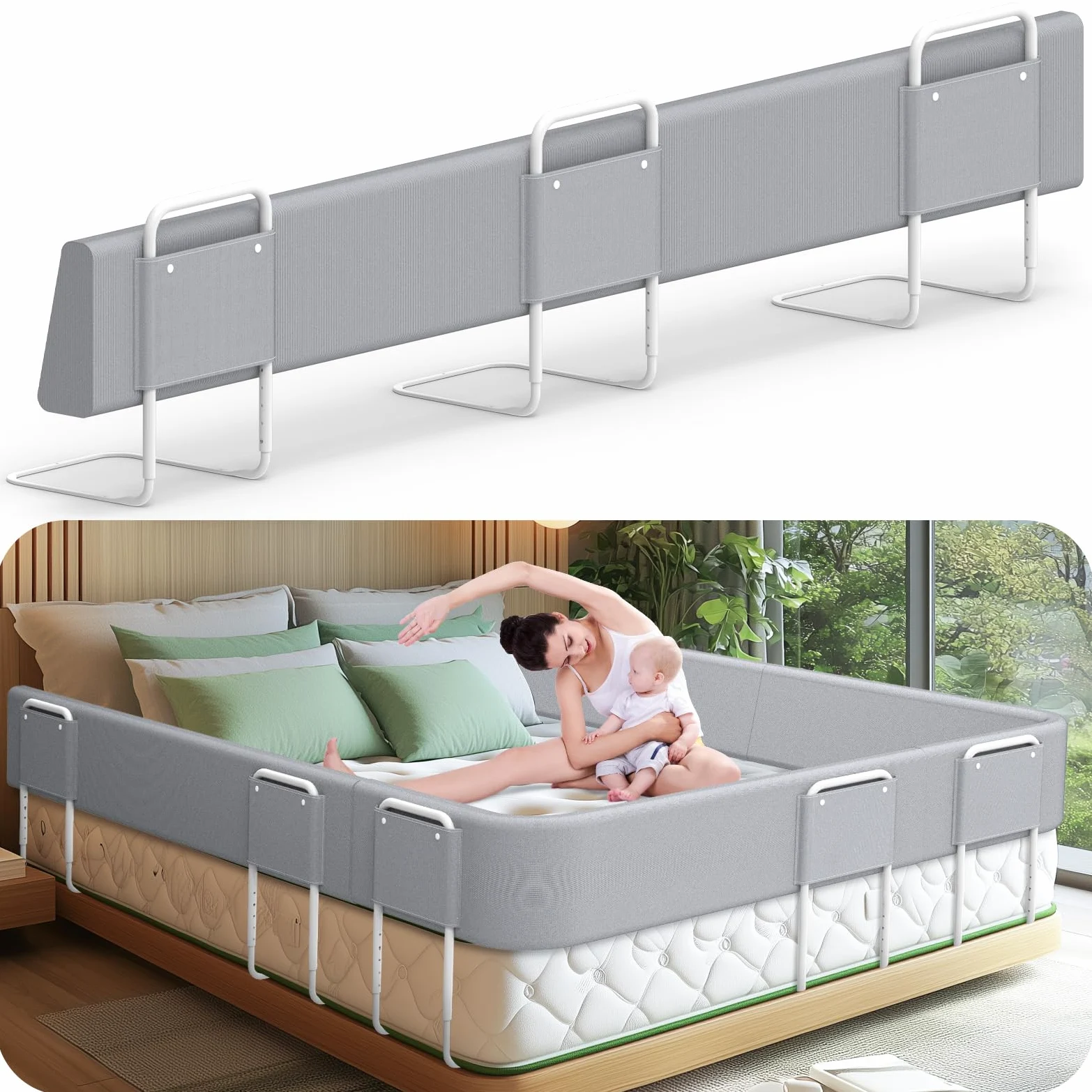 Sponde per letto bambini – Barriera letto sicurezza per bambini, protezione per letto matrimoniale e lettino, altezza regolabile 40-60 cm, rimovibile, portatile, grigio, 200cm