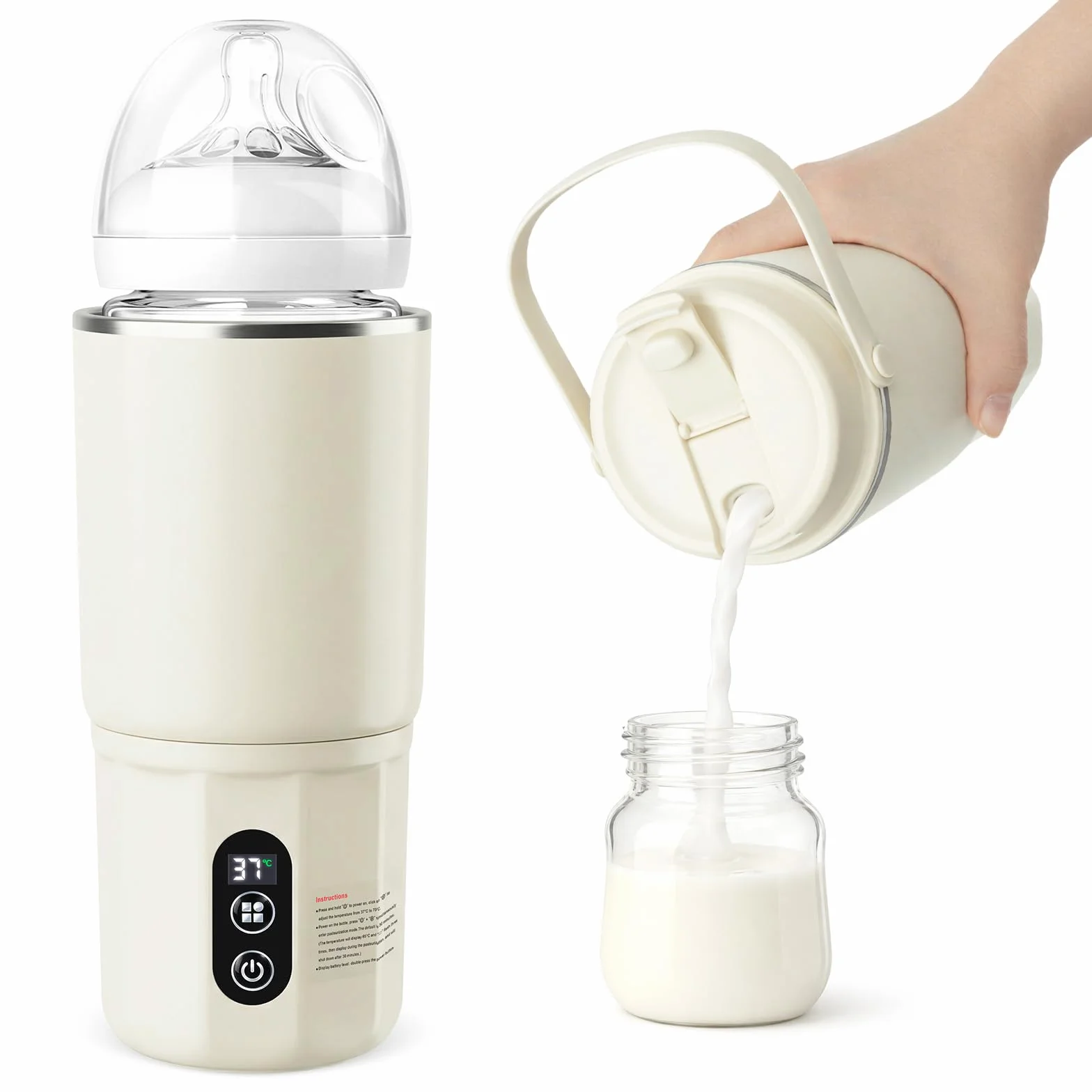 Scaldabiberon portatile - Scaldabiberon 2 in 1: riscaldamento rapido di latte materno e acqua, pastorizzazione, blocco di sicurezza per bambini, temperatura costante 24 ore su 24 per tutta (Beige)