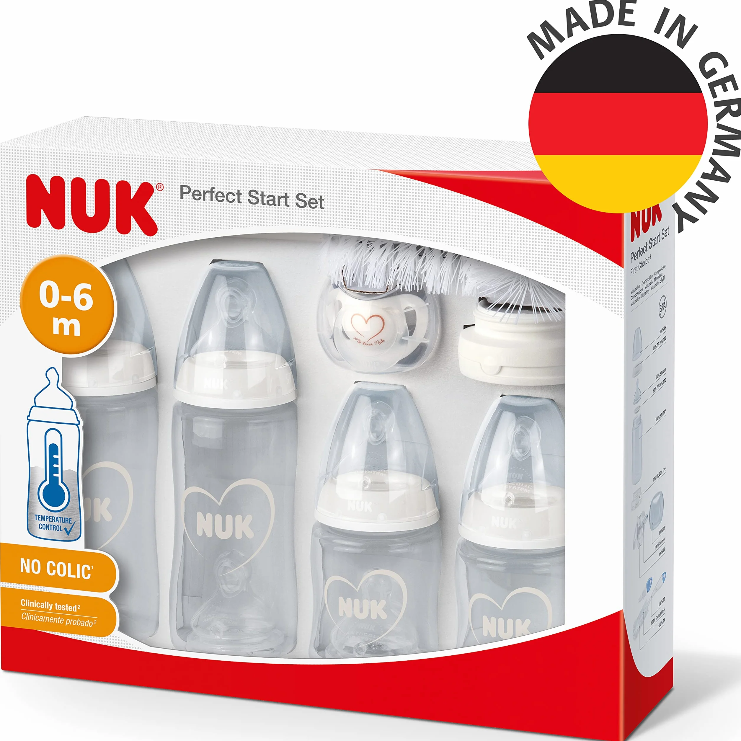 NUK Perfect Start First Choice+ set biberon | 0-6 mesi | 4 biberon anti-colica, succhietto, spazzola per biberon e altro ancora | Senza BPA | 10 pezzi