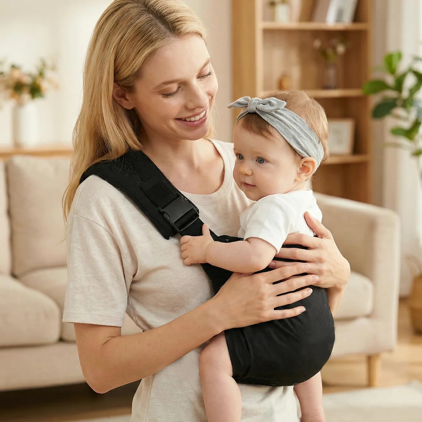 Fascia portabebè regolabile | Regolabile davanti e dietro, fascia a anello,comodo portabebè per bambini, fascia portabebè per neonati (da 6 mesi a 3 anni) (Coton bianco nero)
