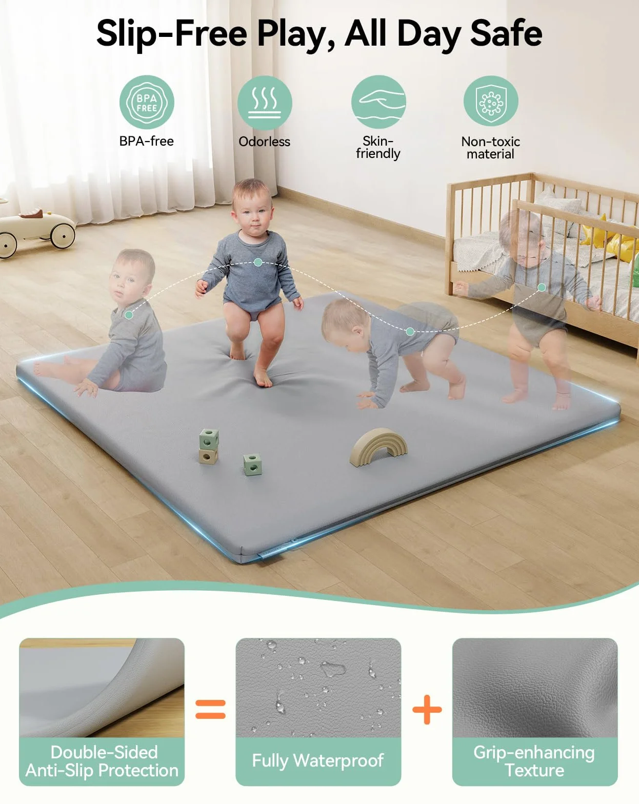 COMOMY Pelle Vegana Tappeto Gioco Bambini, 127x127x3 cm Extra Spesso e Morbido Tappeto Neonato, Impermeabile e Non Tossico Tappeto Tummy Time Neonati, Tappetino per Box Bambini, Grigio