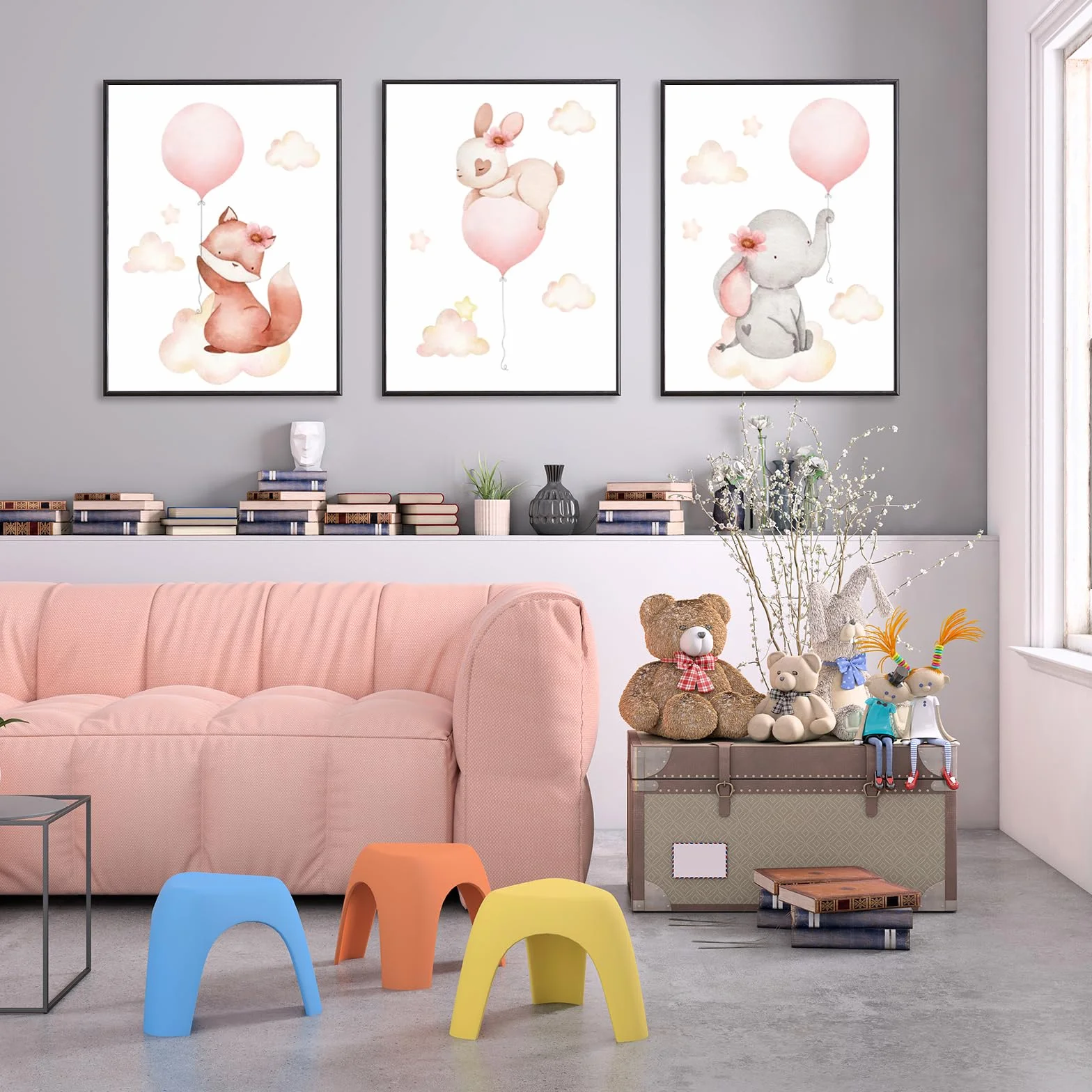Zamety 3 Pezzi Quadri Cameretta Bambina, Animale Quadri Cameretta Bambino, A4 Quadro Camera da Letto Bambini, Immagini per Quadretti da Parete Neonato, Senza Cornici, 21 x 30 cm