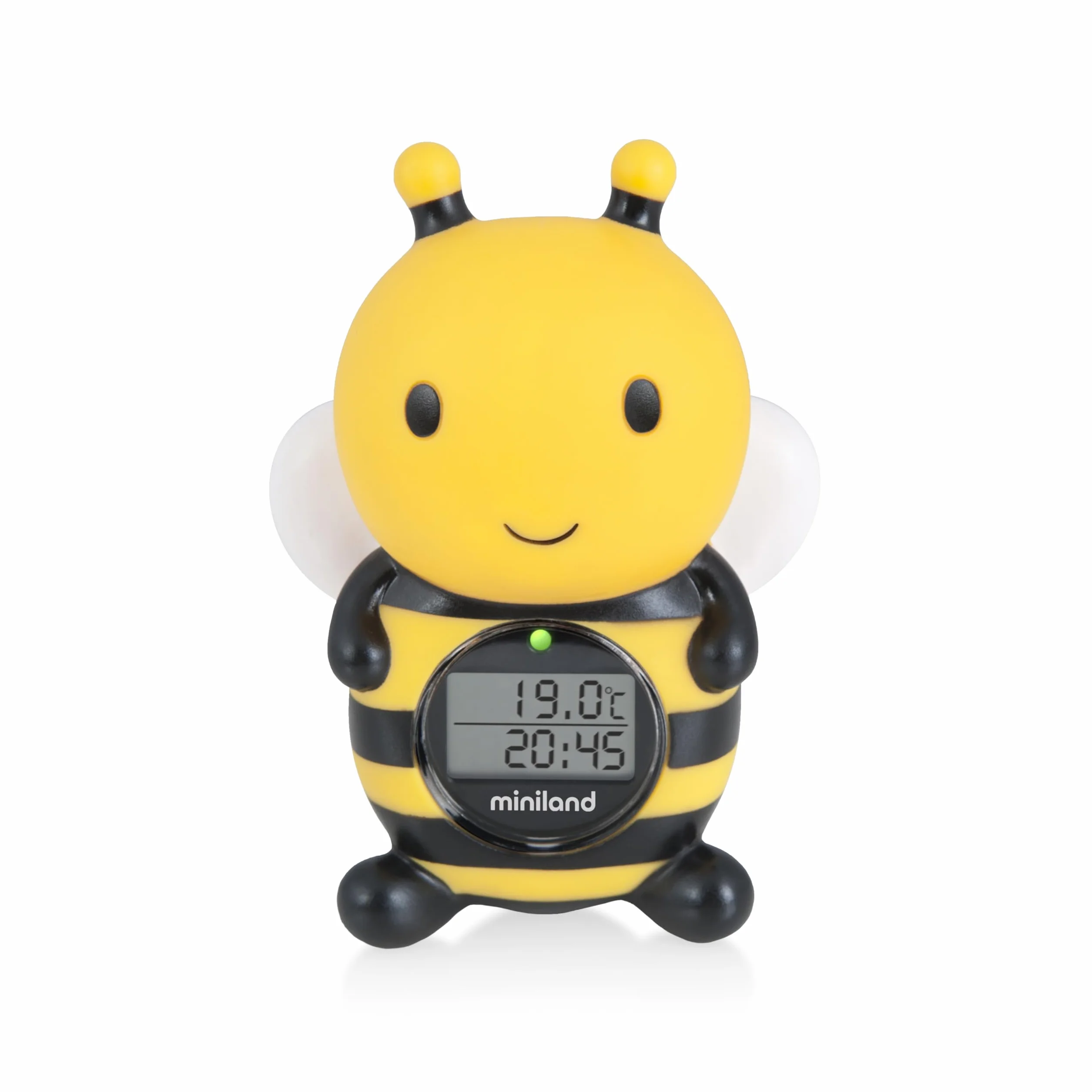 Miniland Termometro da bagno per neonati con divertente design a forma di ape, termometro da vasca per neonati, display con funzione orologio e timer, galleggiante e resistente all'acqua | Bee