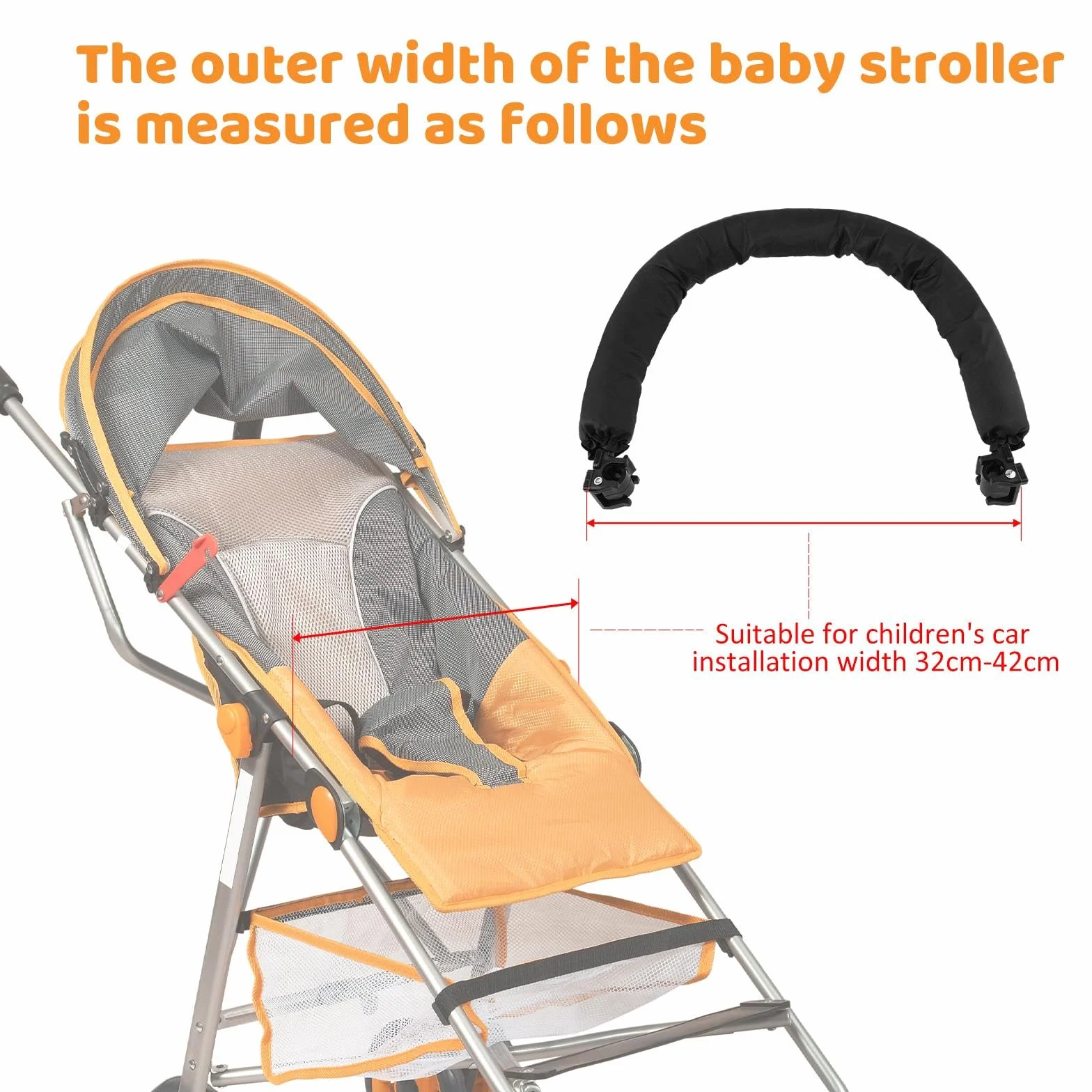 Paracolpi Passeggino 42x32 cm, Barra Passeggino Staccabile Protettivo Bracciolo Compatibile con Passeggini Larghezza 32-37 cm, Asta di Sicurezza in Acciaio- Nero