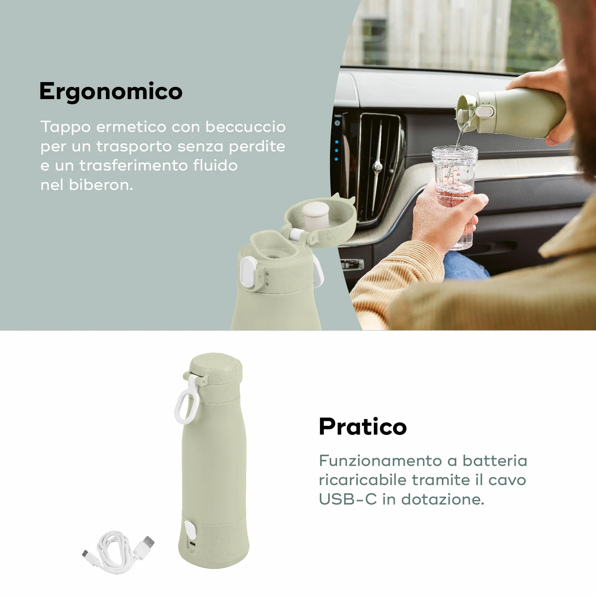 Babymoov Scaldabiberon da Viaggio Senza Filo Moov & Feed, Capacità 340 ml, Acqua o Latte Materno, Temperatura Regolabile, Mantenimento al Caldo (fino a 7 Ore), Ricarica USB, Sage Green
