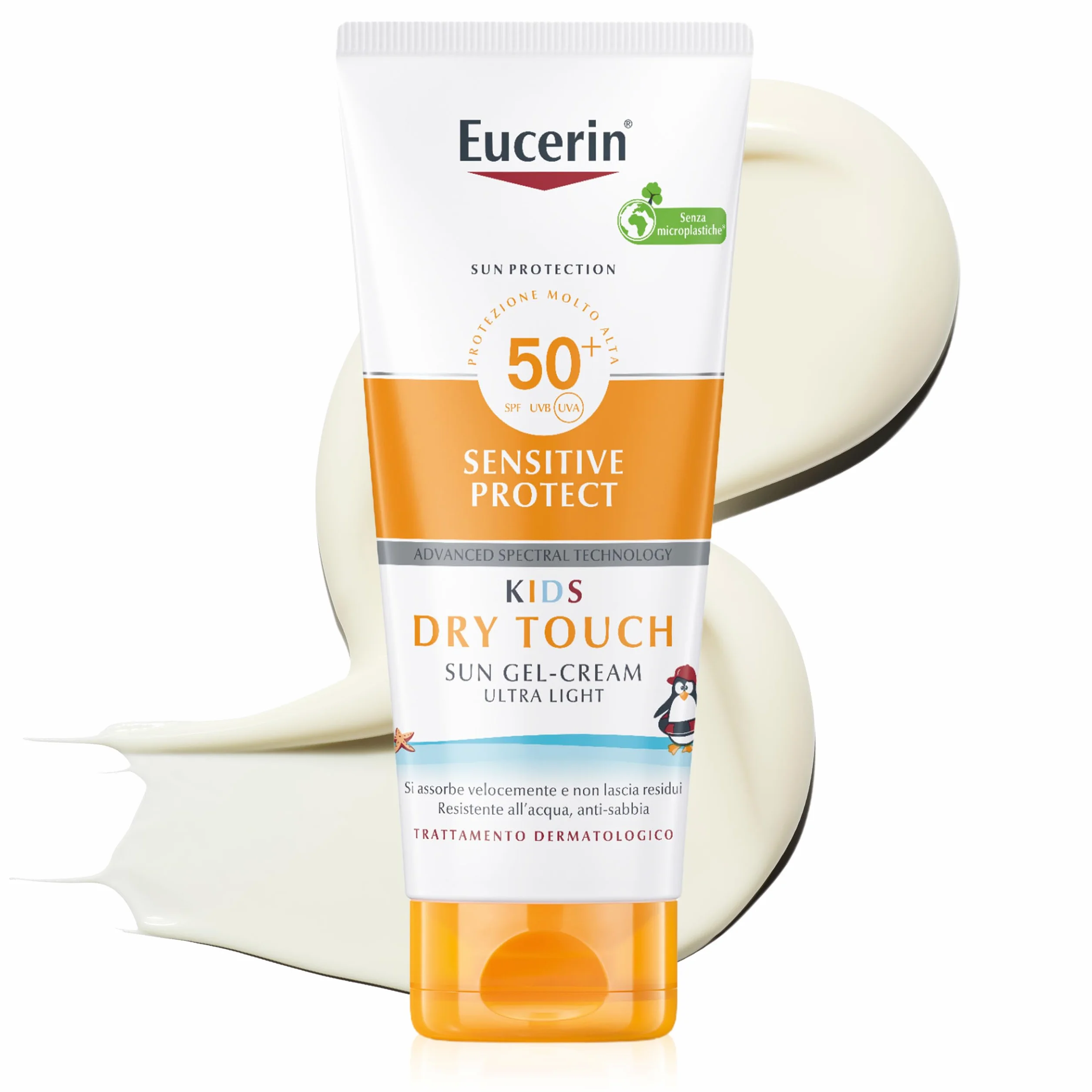 Eucerin Sensitive Protect Kids Dry Touch Sun Gel Cream SPF 50+ 200 ml, Crema solare 50+ bambini con filtri UVA/UVB, Protezione solare 50+ bambini resistente all'acqua, Pelle sensibile, Senza profumo