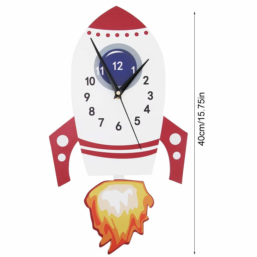 Orologio per decorazioni per la camera da letto per bambini, batteria a parete silenziosa per parete silenziosa a razzo cartone animato per bambini