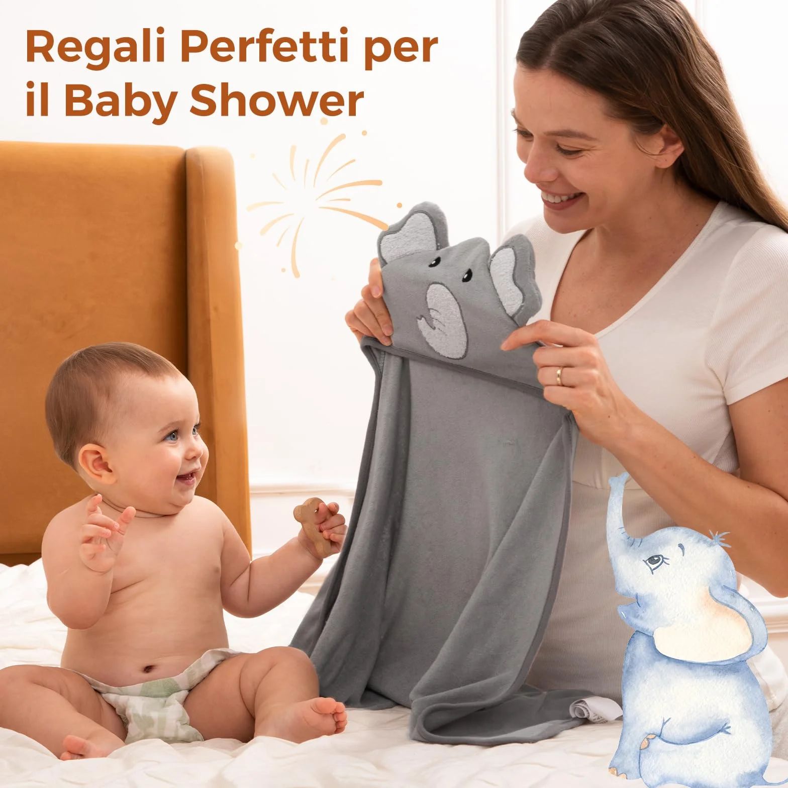 momcozy Set Asciugamani per Bambini 8 pz con Cappuccio, 2 Accappatoi Neonato 76x76 cm + 6 Quadrati Cotone 24x24 cm, Morbido e Super Assorbente, Elefante – Regalo Nascita Bimbo, Regali Neonata Femmina