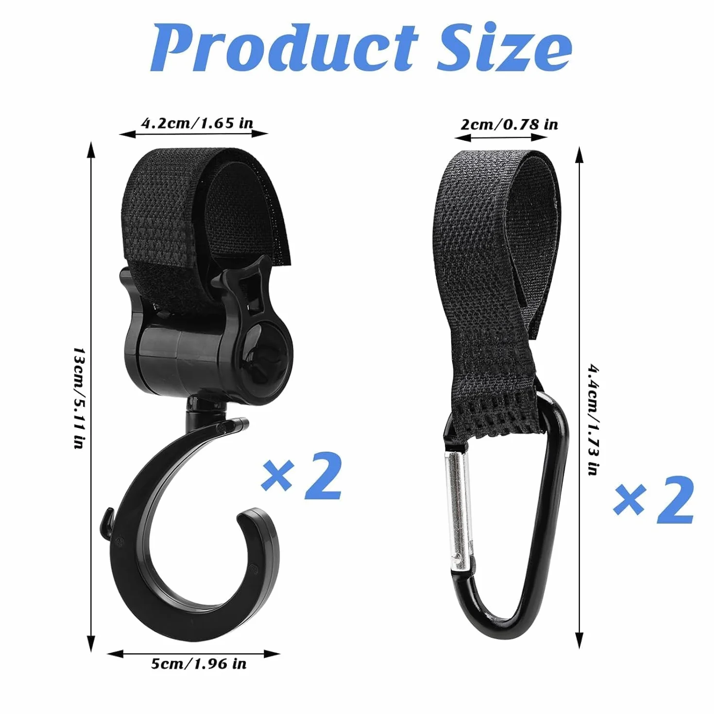 Ganci Passeggino Universali, 4 Pezzi Ganci per Passeggino Rotanti Nero, Ganci per passeggino porta borse,Adatti per Passeggini, Carrelli e Trolley, Facili da Installare e Resistenti