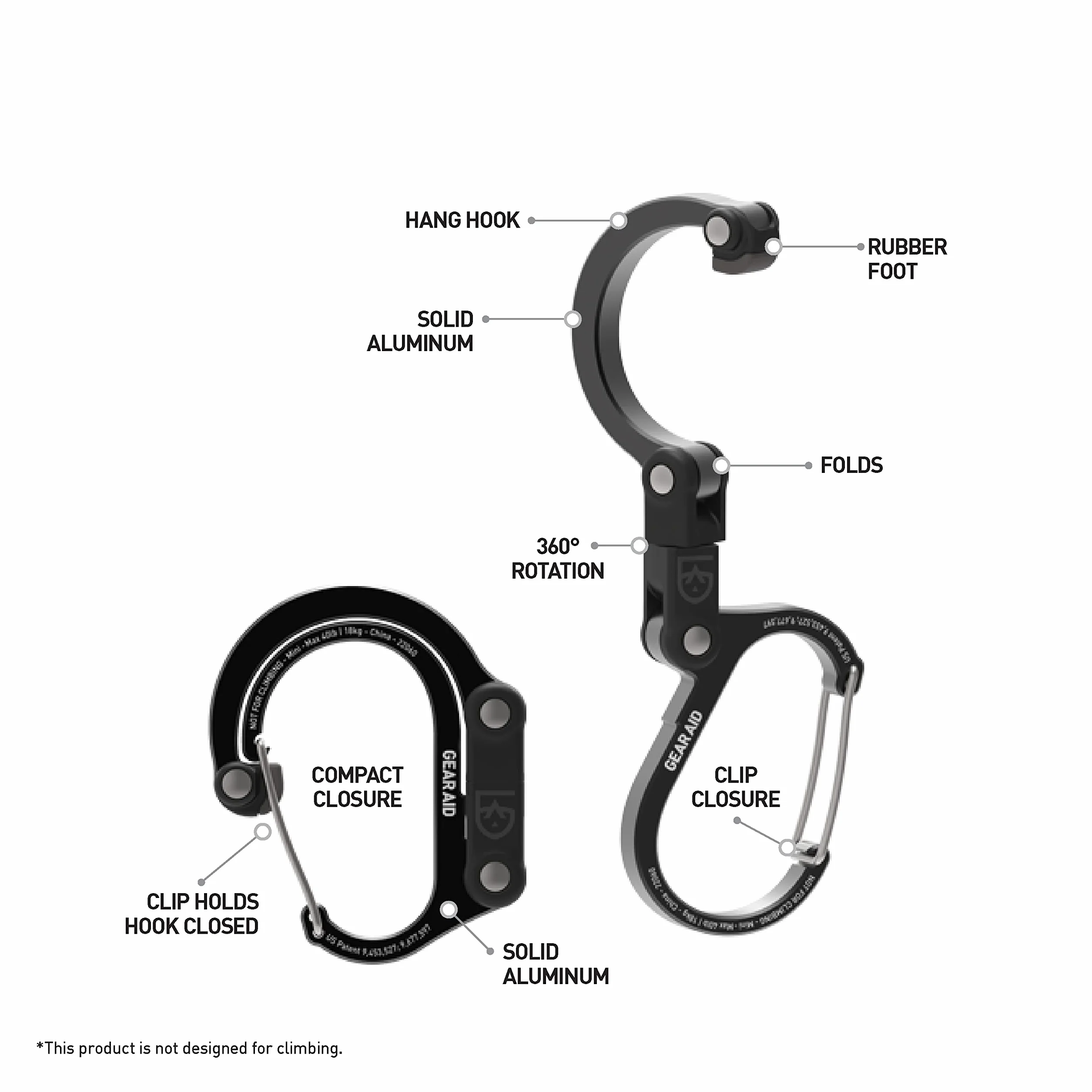 GEAR AID HEROCLIP (piccolo) Moschettone e gancio per appendere borse, borse, lanterne, passeggini, strumenti, caschi, bottiglie d'acqua e altro ancora
