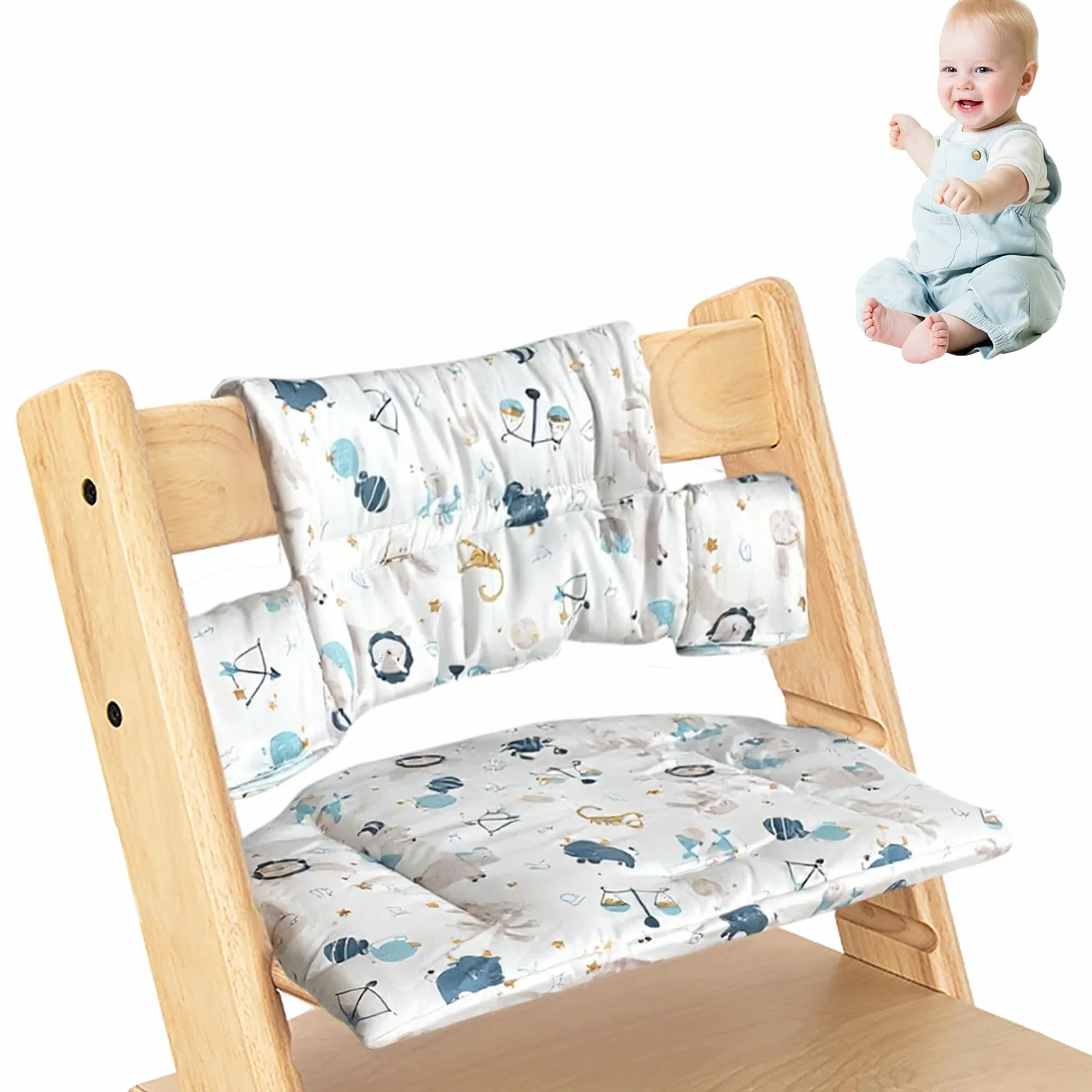 Cuscino per seggiolone Stokke Tripp Trapp, set da 2 pezzi in cotone biologico con rivestimento laminato impermeabile, facile da pulire e rimovibile, lavabile in lavatrice (animali marini)