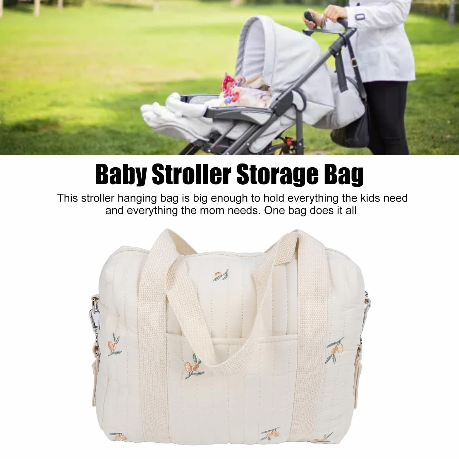 BORDSTRACT Borsa Portaoggetti Multifunzionale Per Passeggino, Borsa Riutilizzabile con Ricamo con Cerniera Borsa Per Pannolini Tasca con Cerniera di Grande Capacità Resistente(oliva)
