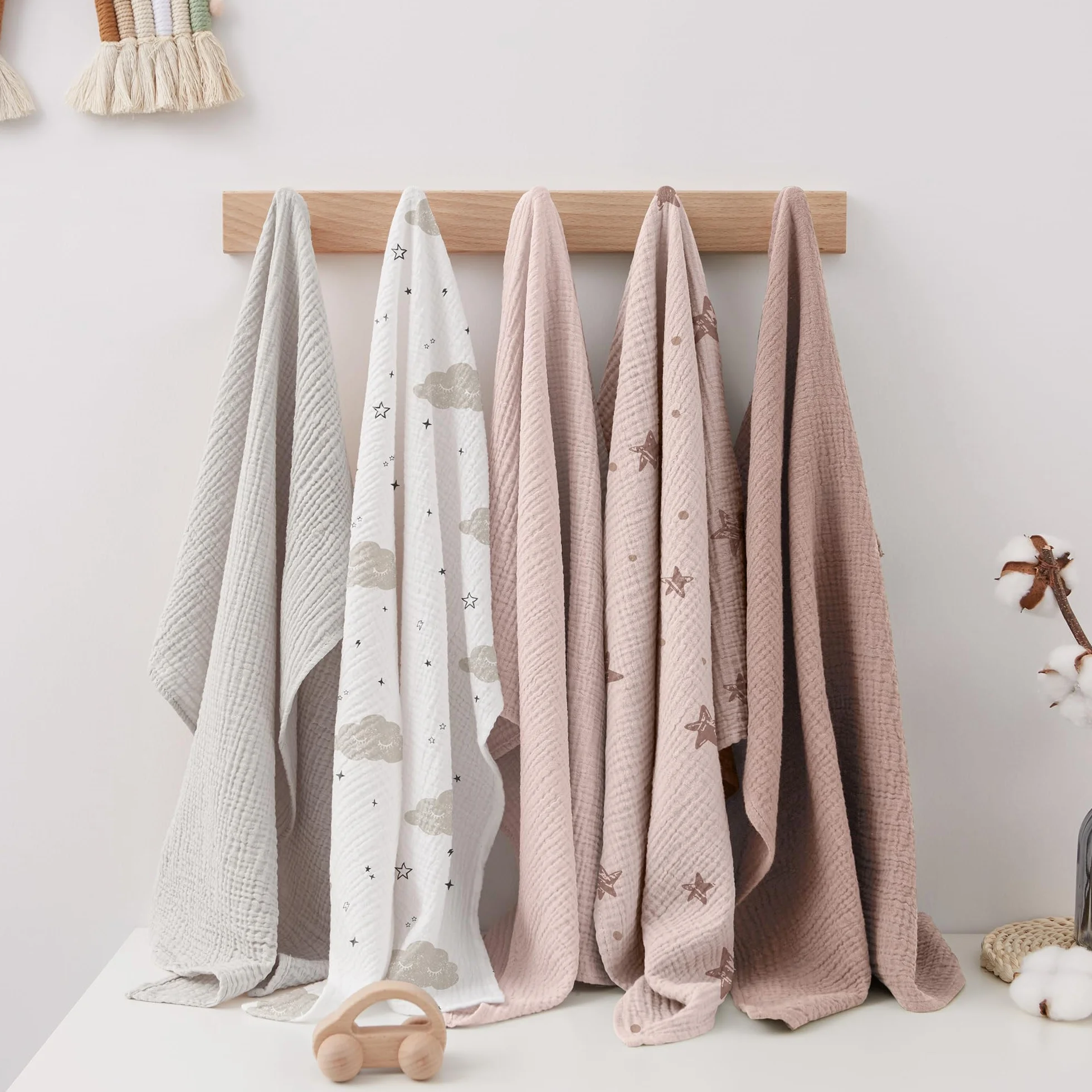 Susurration Bambino in Mussola Per Neonati, 5 Pezzi, Set 60x60CM, Super Morbido Assorbente in Mussola A Grana Per Neonati, Unisex, Per Bambine E Ragazzi (pentagramma rosa)