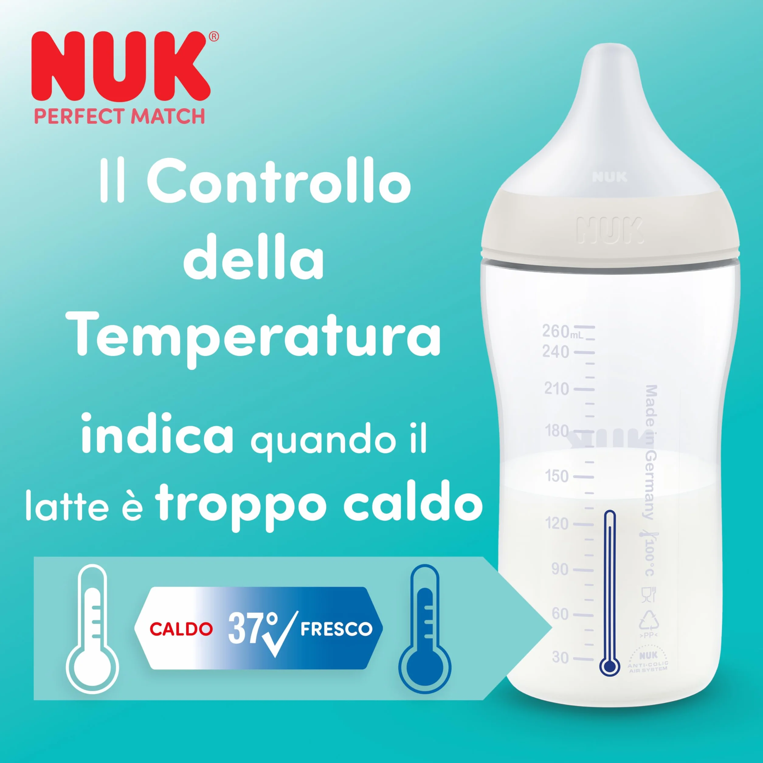 NUK Set biberon Perfect Match | 3+ mesi | Si adatta al palato del bambino | Controllo della temperatura | Sfiato anti-colica | 260 ml | Senza BPA | Tettarella media in silicone | Arcobaleno | 3 pz