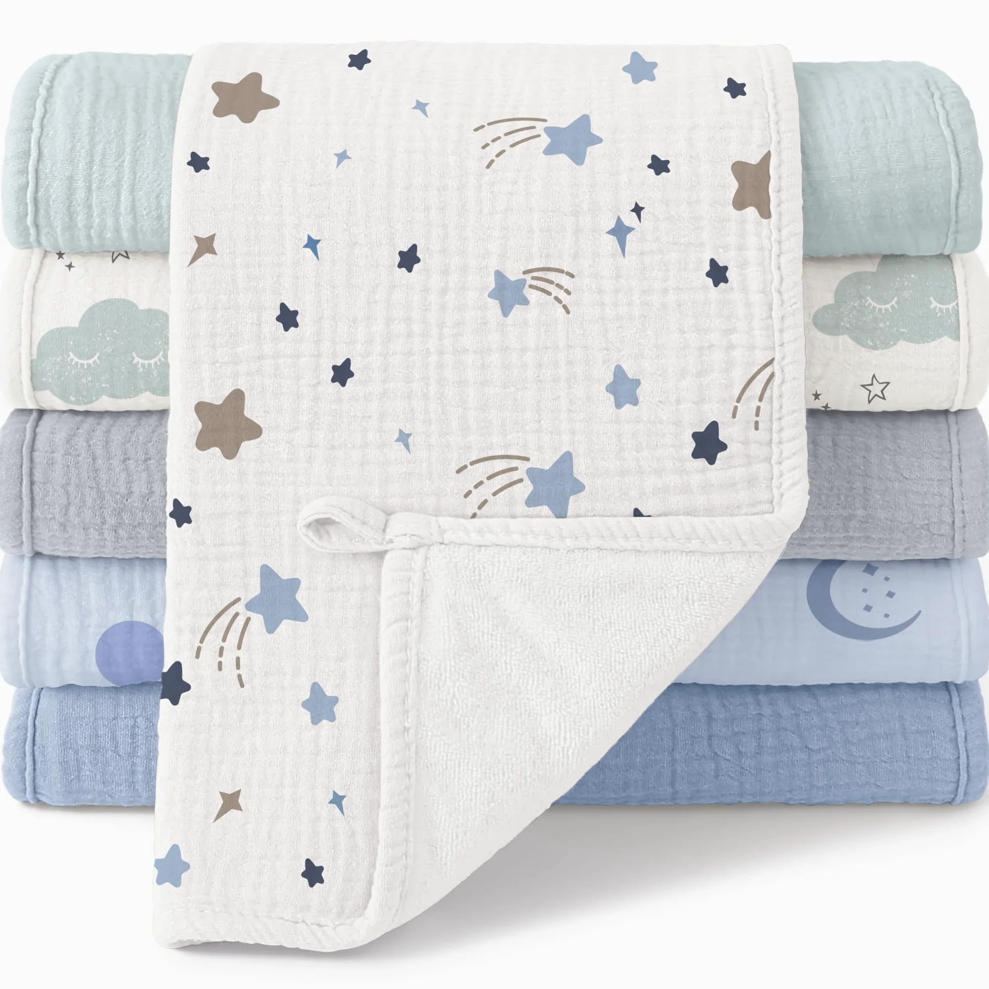 bearmoss Bambino in Mussola Per Neonati, 6 Pezzi, Set 50 X 25 Cm, Super Morbido Assorbente in Mussola A Grana Per Neonati, Unisex, Per Bambine E Ragazzi (blu)