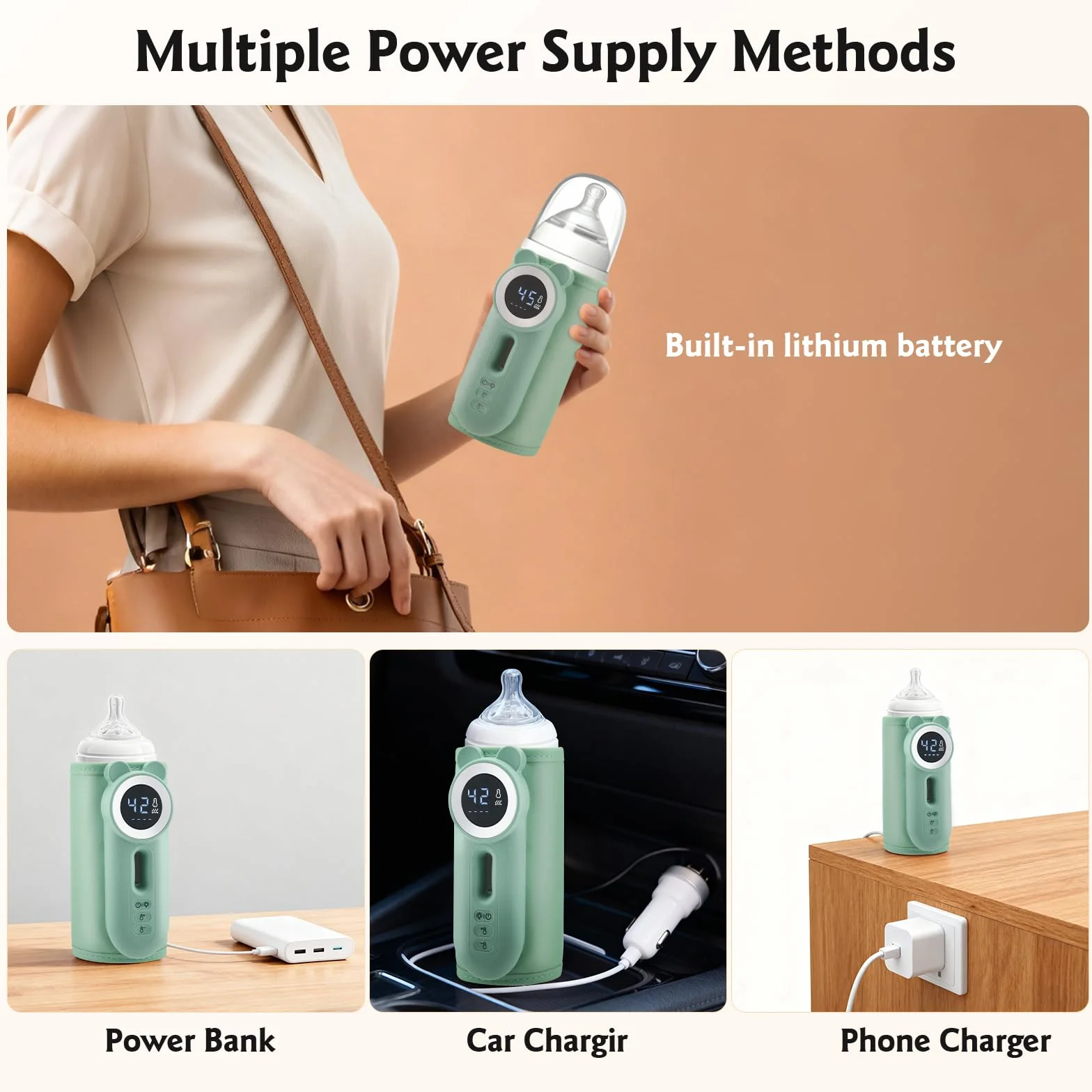 Scaldabiberon portatile in viaggio, controllo della temperatura a 11 livelli e display LED, riscaldamento rapido senza acqua, batteria da 10400 mAh, con luce notturna per viaggi e casa (verde)