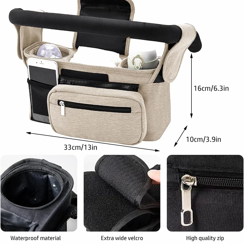 Borsa universale per passeggino, borsa per passeggino con 2 portabicchieri isolati, grande capacità, organizer con tracolla e ganci di sicurezza antiscivolo (beige)
