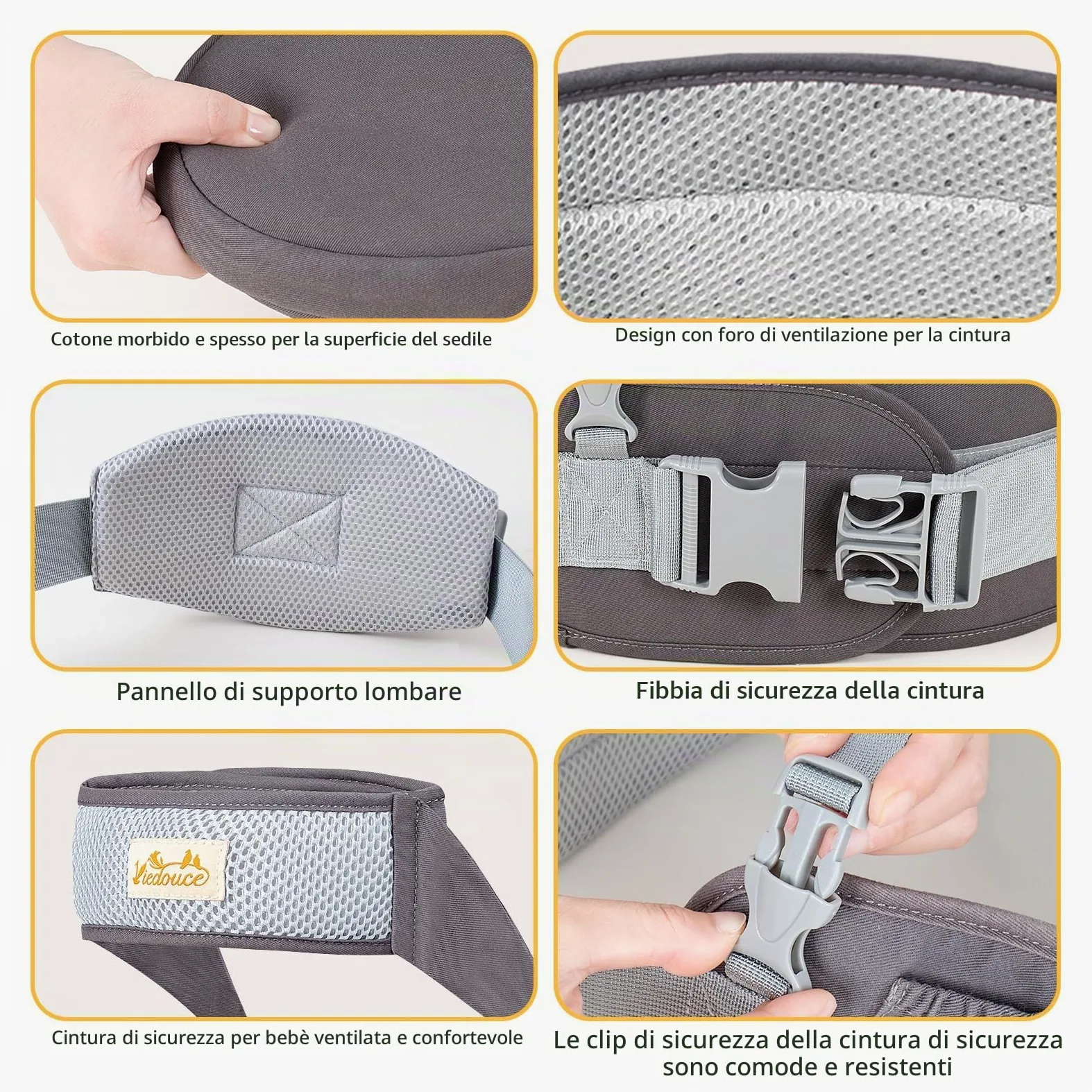 Viedouce Hipseat Marsupio Neonato Ergonomico, Neonati Marsupio Bambino con Cintura di Sicurezza, Leggero e Traspirante per 4-36 Mesi (Grigio Scuro)