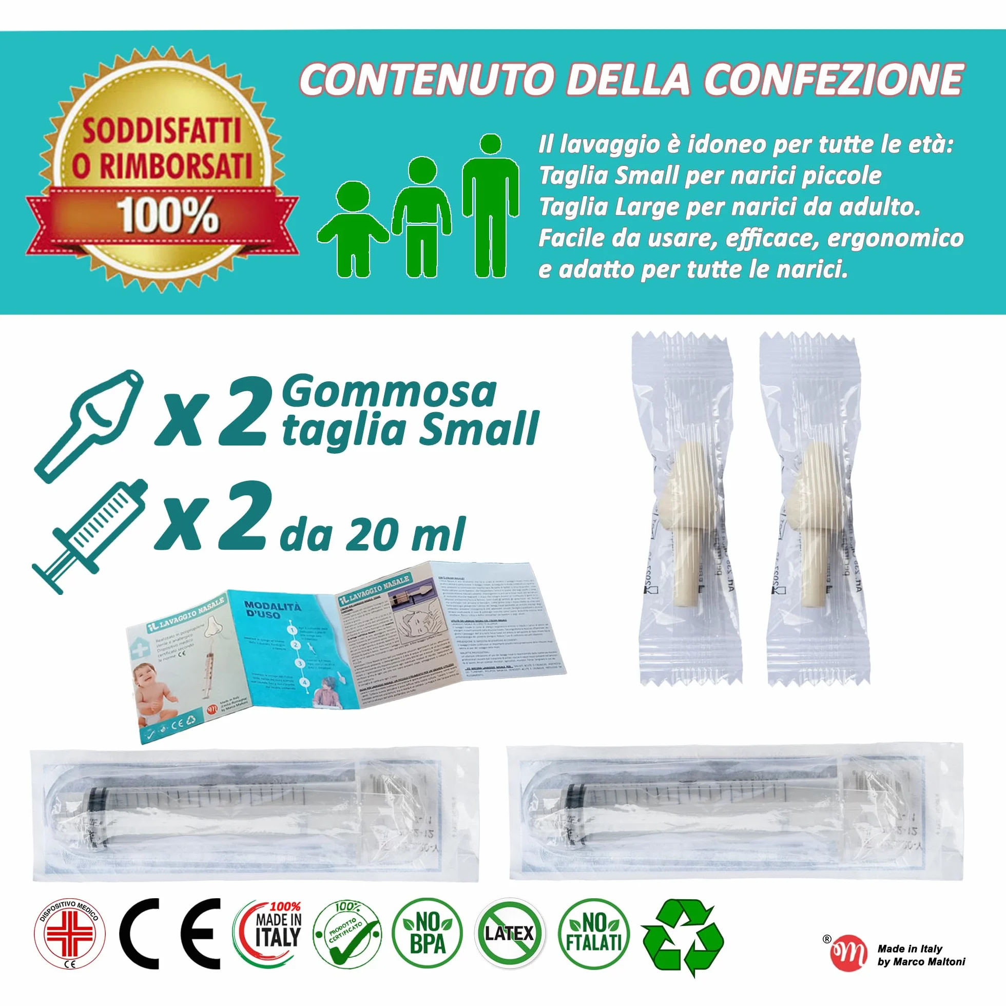 Set irrigatore nasale per LAVAGGIO NASALE, IGIENIZZABILE BY MARCO MALTONI, MADE IN EMILIA-ROMAGNA, 2 OLIVE NASALI GOMMOSE SMALL e 2 SIRINGHE da 20 ml