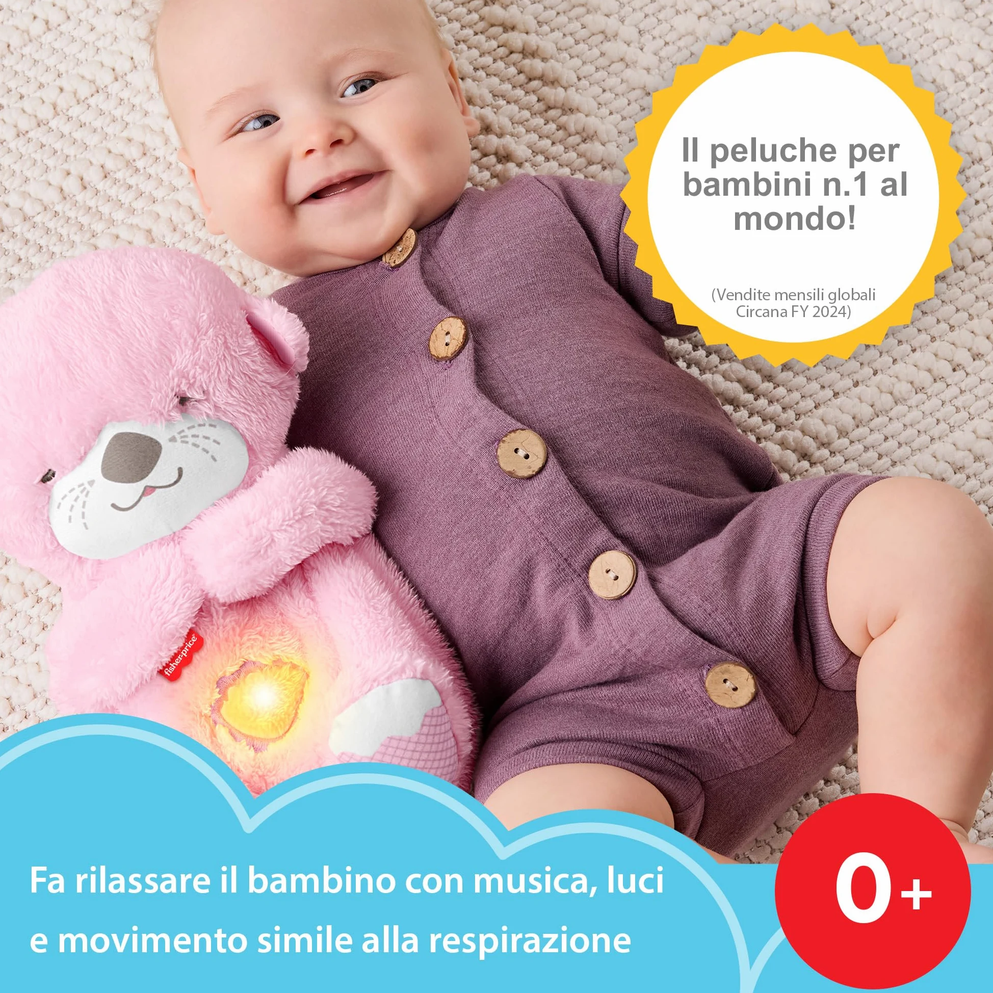 Fisher-Price - Lontra Rosa Soffice Relax, Peluche sensoriale Portatile con Movimento respiratorio e luci calmanti, Melodie per Il Sonno del Neonato, Giocattolo per Bambini, 0+ Mesi, JLJ33