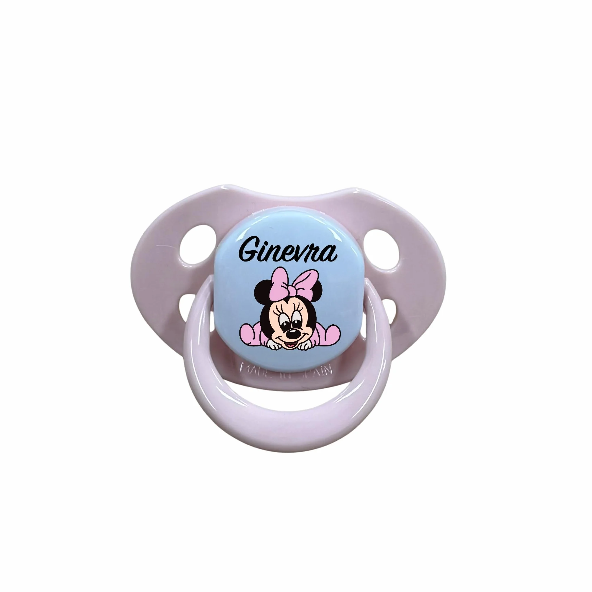 NOVITÁ Fettuccia IN SILICONE, Catenella portaciuccio personalizzata con nome FLAT BABYJART, lavabile, sicura per il bambino, compatibile con ciuccio MAM e CHICCO! (Minnie Rosa Pastello)