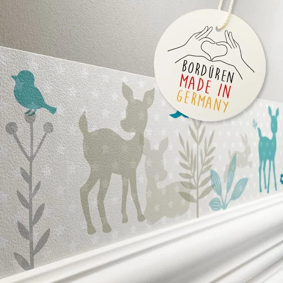bordo autoadesivo, 450 x 11,5 cm, con motivo di caprioletto, turchese/grigio/beige