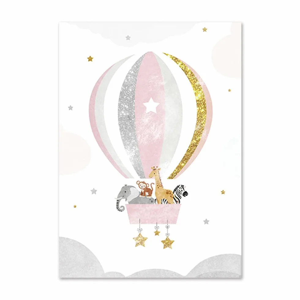 Youihom 3 posteri camera da letto ragazza tavolo bebe arcobaleno mongolfiera animali rosa tela con nome personalizzato parete art déco regalo senza cornice