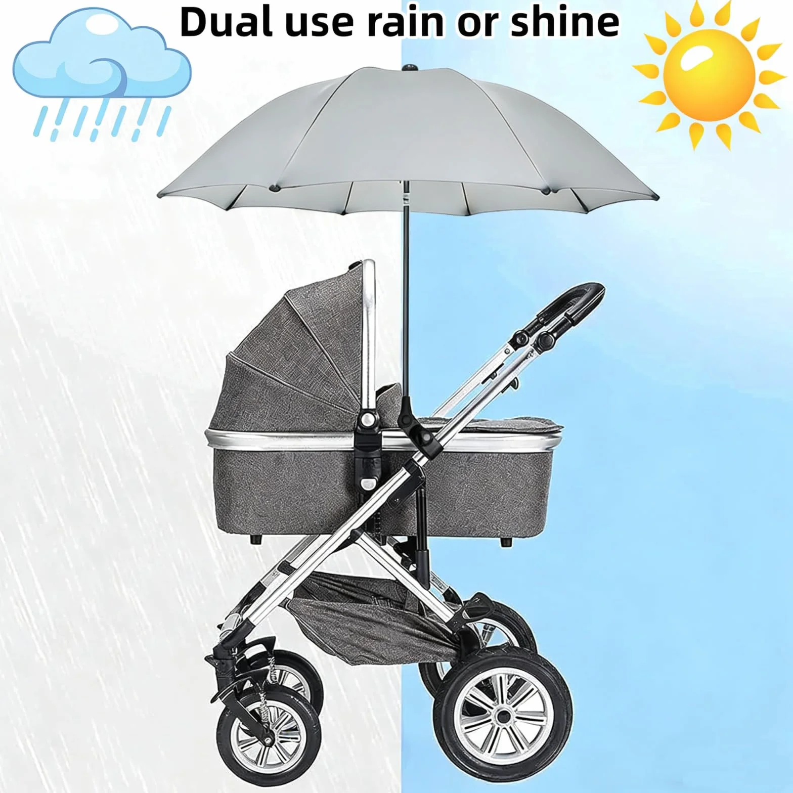 Ombrellino Passeggino Universale, Ombrellino Parasole Passeggino Anti UV 50+, Ombrello Parasole Passeggino con Un Manico, Ombrellone per Passeggino per Carrozzina e Passeggino-Grigio