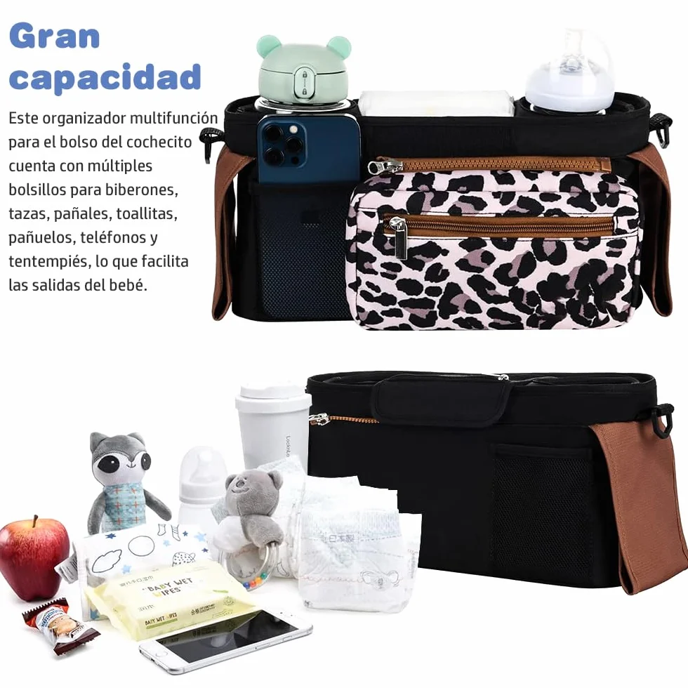 Borsa organizer per passeggino, borsa organizer per passeggino con portabicchieri isolato e tracolla regolabile, per pannolini e giocattoli, passeggino con 2 ganci (leopardo)