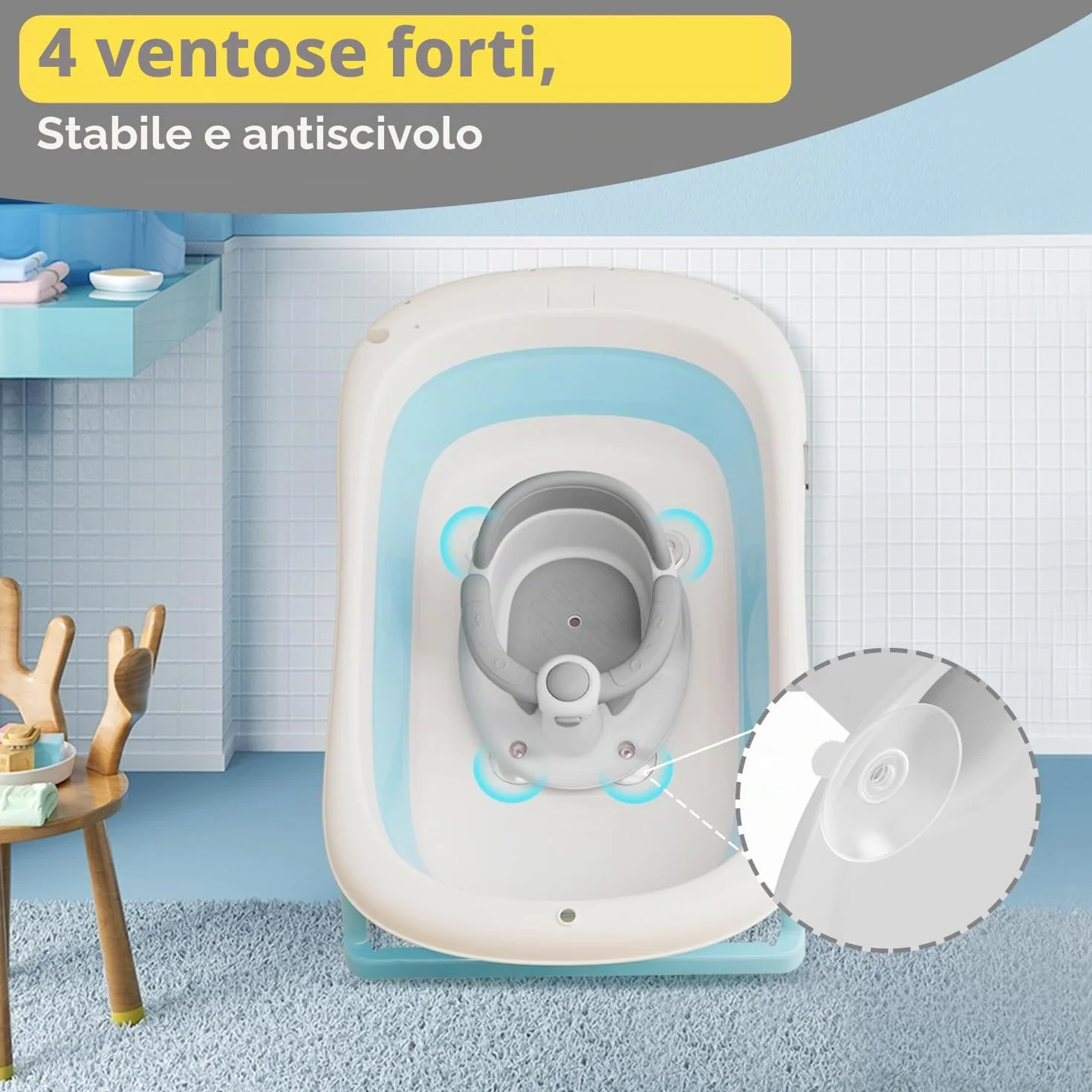 Seggiolino da Bagno Antiscivolo a Partire da 6 Mesi con 4 Potenti Ventose, Tazza e Spugna da Bagno, per Doccia o Vasca (Grigio)