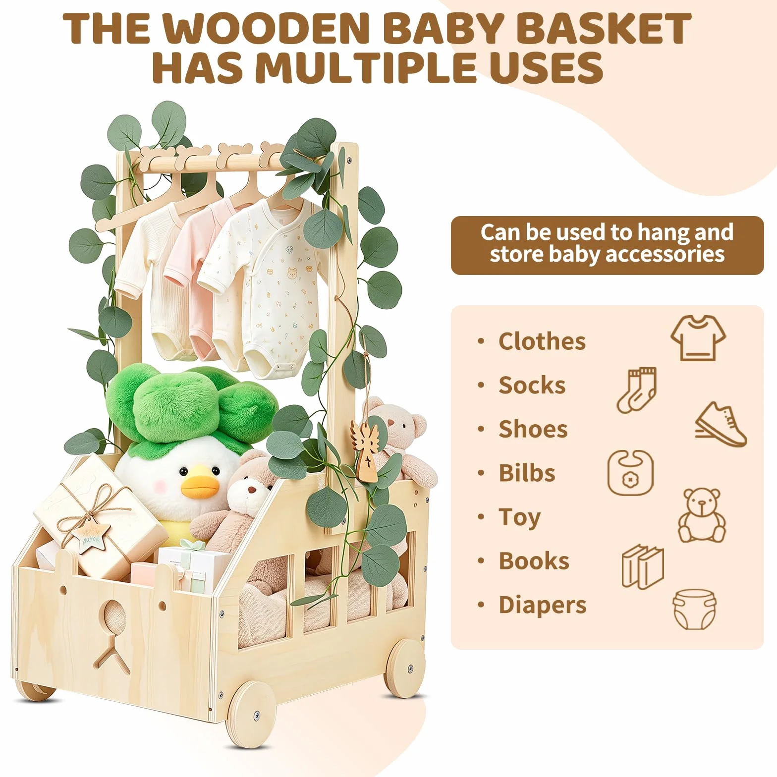Cesto Nascita Bimbo in Legno con Ruote, Maniglia e 5 Grucce, Cesto Regalo Organizzatore per Prodotti Neonato, Idea Regalo Nascita e Regalo Baby Shower, Design Orsetto per Cameretta