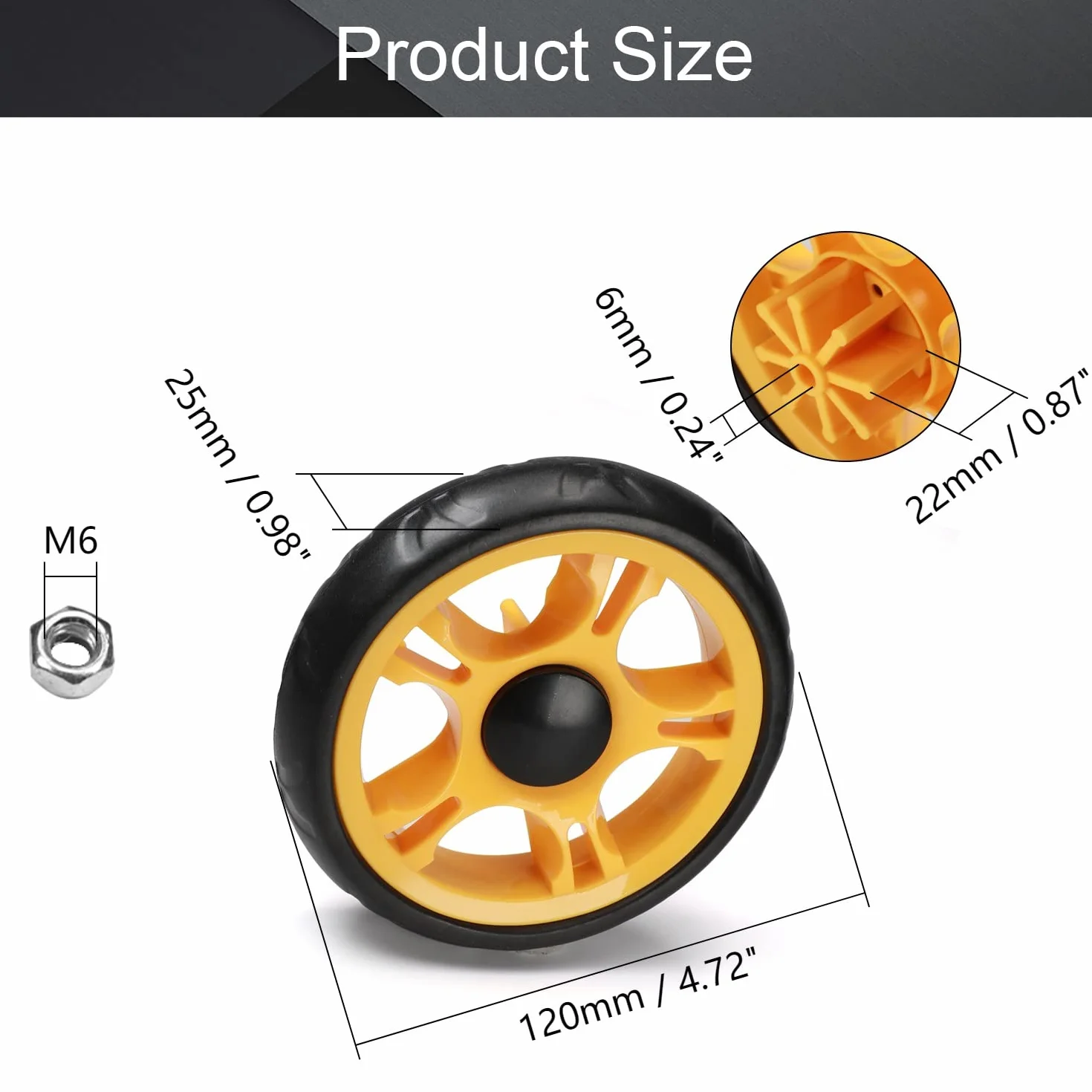 MroMax Ruota per Passeggino 120 mm x 25 mm, per Tubi Circolari da 19 mm, Ricambio in Plastica per Animali Domestici, Nero e Giallo