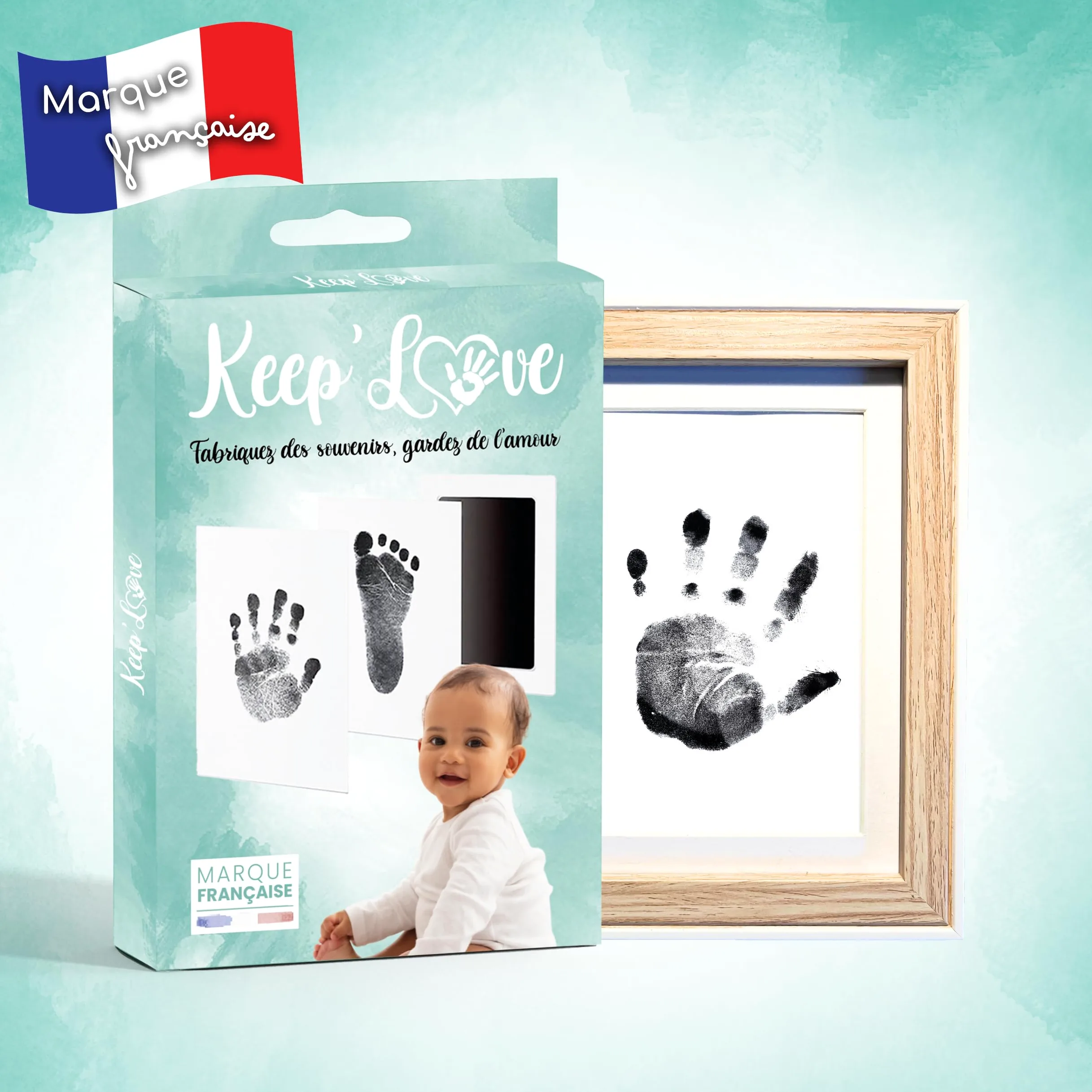 Keep'Love - Set di cornici per impronte per bambini, kit impronta piedi e mani, regalo per nascita, decorazione originale per la camera dei bambini, cornice per foto in legno con contorno bianco FSC
