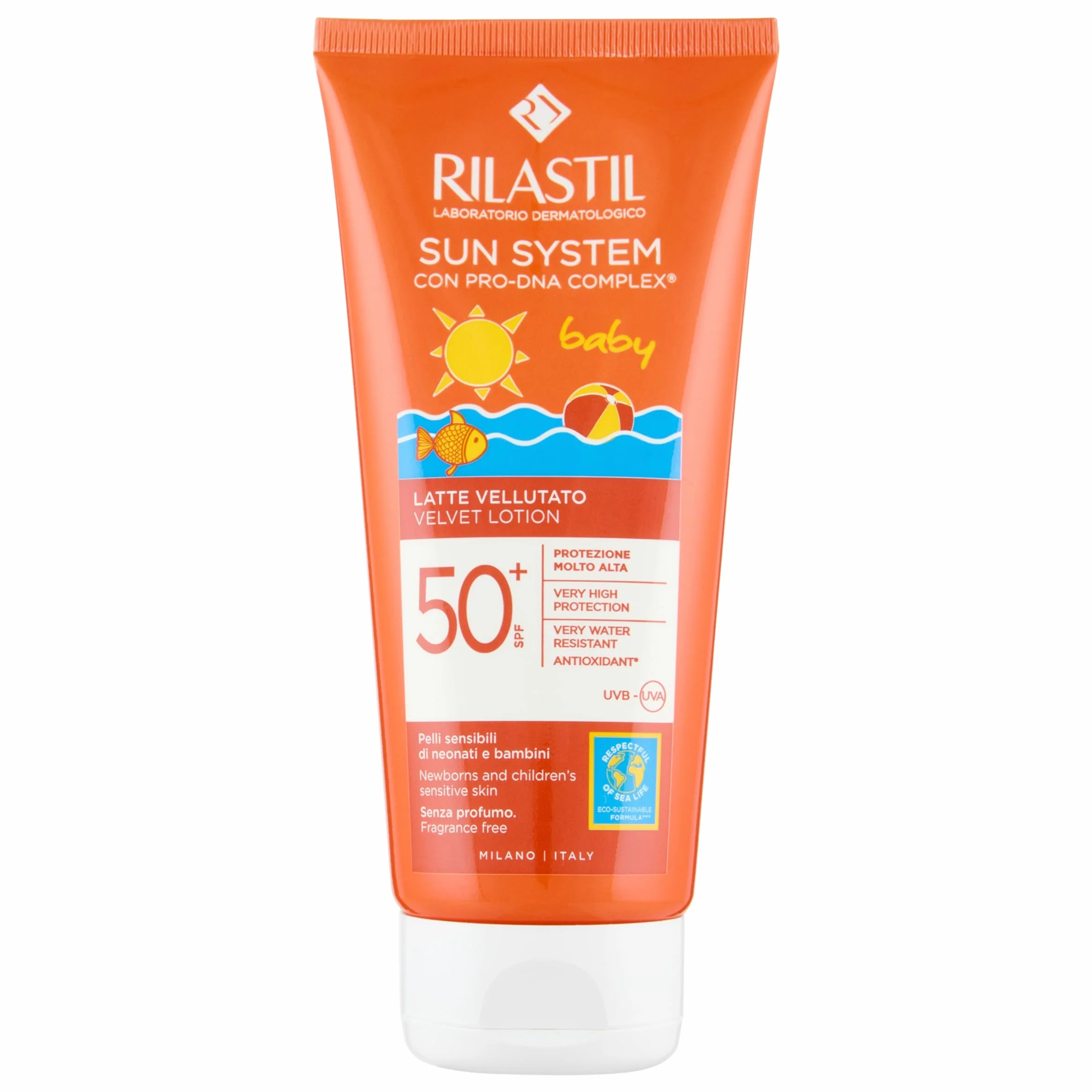 Rilastil Sun System Baby Latte Vellutato per Pelle Sensibile del Bambino, Resistente all'Acqua, Protezione Molto Alta, SPF 50+