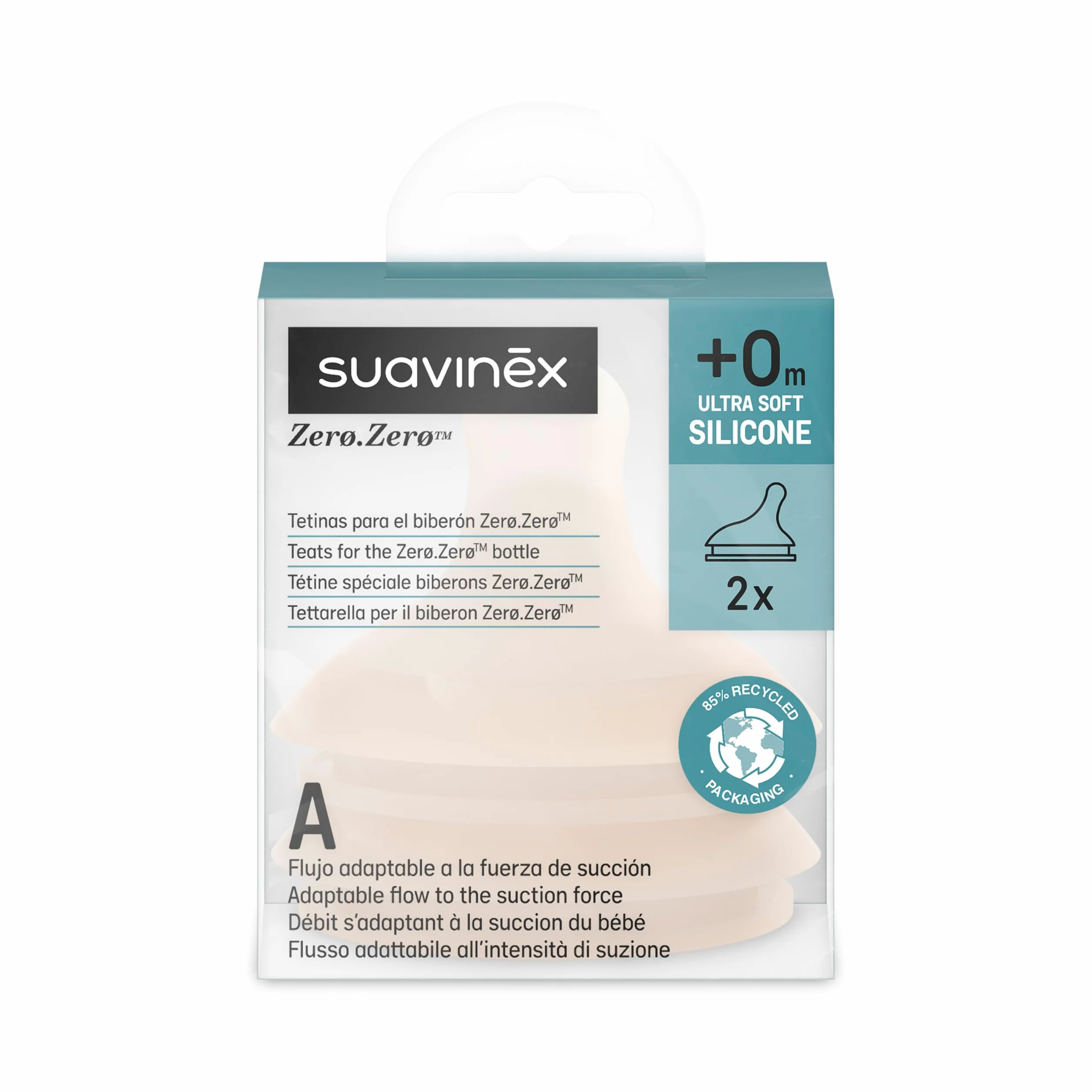Suavinex, Confezione da 2 Tettarelle per Biberon Anti-Coliche Zero Zero, flusso Adattabile (A) Si adatta alla Forza di Suzione del Bambino, Tettarella Allattamento Misto, +0 Mesi