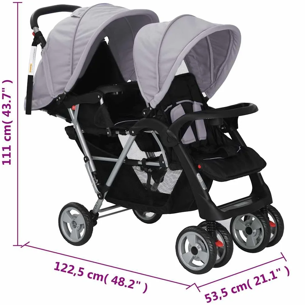 vidaXL Passeggino Gemellare a Tandem in Acciaio Grigio e Nero Carrozzina Bimbi