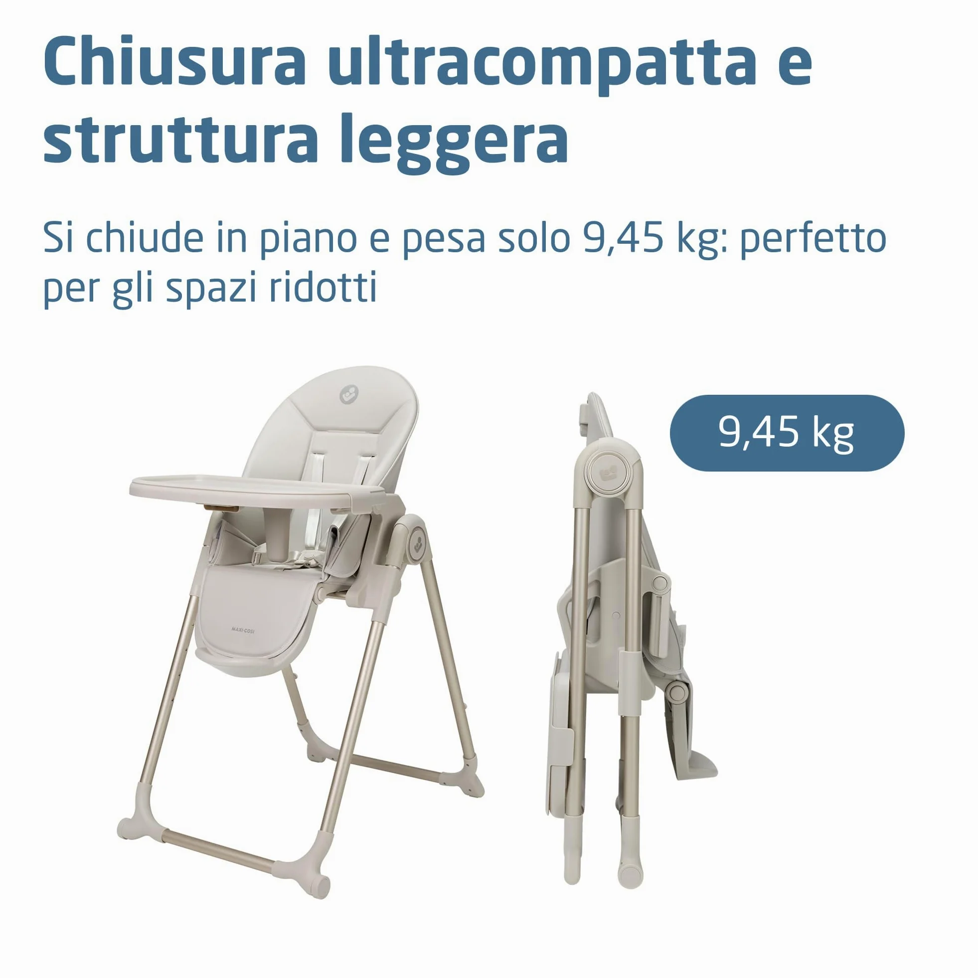 Maxi-Cosi Ava2,Seggiolone Pappa 0-3 Anni (Fino a 15 kg), Seggiolone Pieghevole Compatto, Leggero (9,45 kg), 5 Reclinazioni e 6 Altezze, Vassoio Rimovibile Con Una Mano, 2 Ruote, Elegance Beige