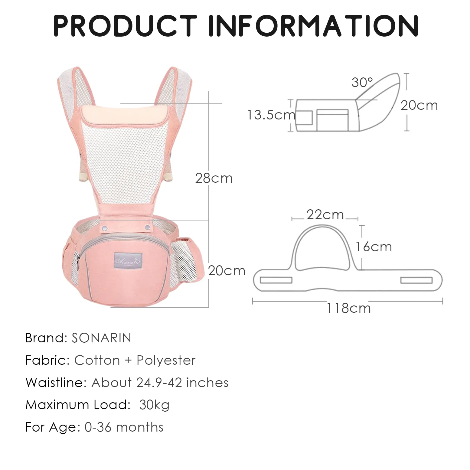 SONARIN Traspirante Multifunzione Marsupio Neonati con Sedile,Portantina Porta Bambino Fascia Porta Bebè Ergonomico Regolabile per Neonati Bambini 0-36 Mesi,Tutte le Posizioni(Rosa)